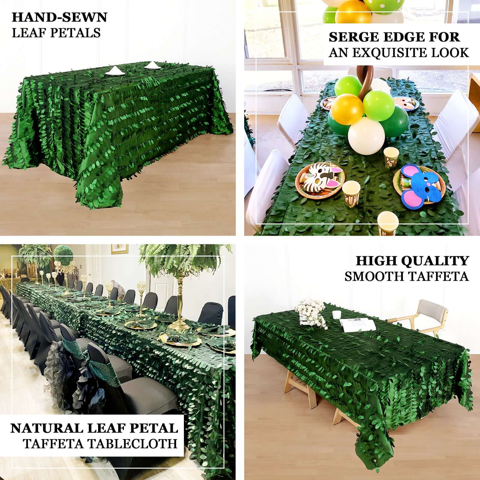 Taffeta 90"x156" Rectangle Tablecloth Green | 3D Leaf Petal Design Seamless Table Cover