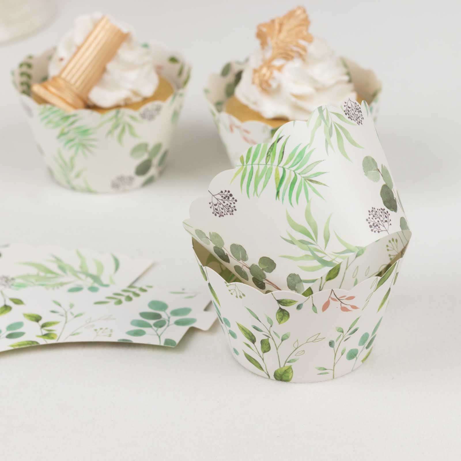 25-Pack Paper Cupcake Wrappers Eucalyptus Leaves Print White Green - Round Muffin Truffle Cup Liners 3"