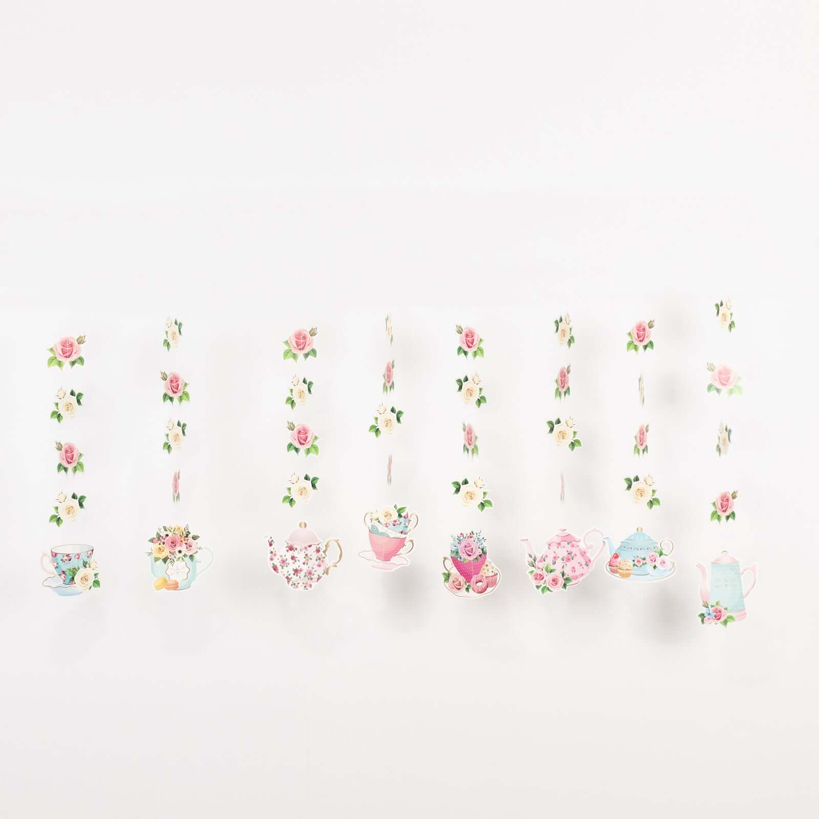 8 Pack Double Sided Floral Tea Party Paper Garland, 40" Pre-Assembled Mixed Teapot Banner Hanging Decorations