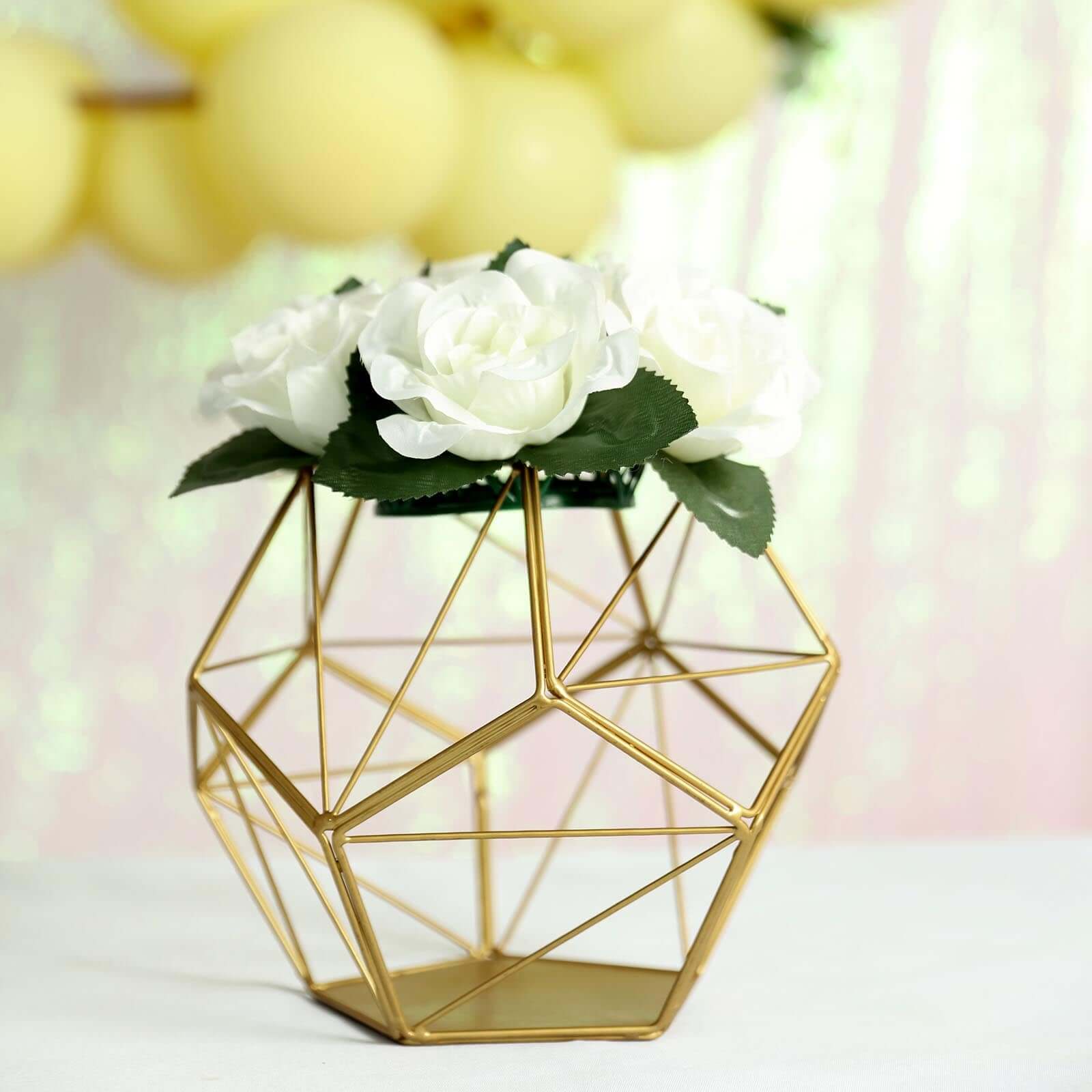 Tealight Candle Holder Gold Metal Pentagon Prism Geometric Open Frame - Flower Stand 7"