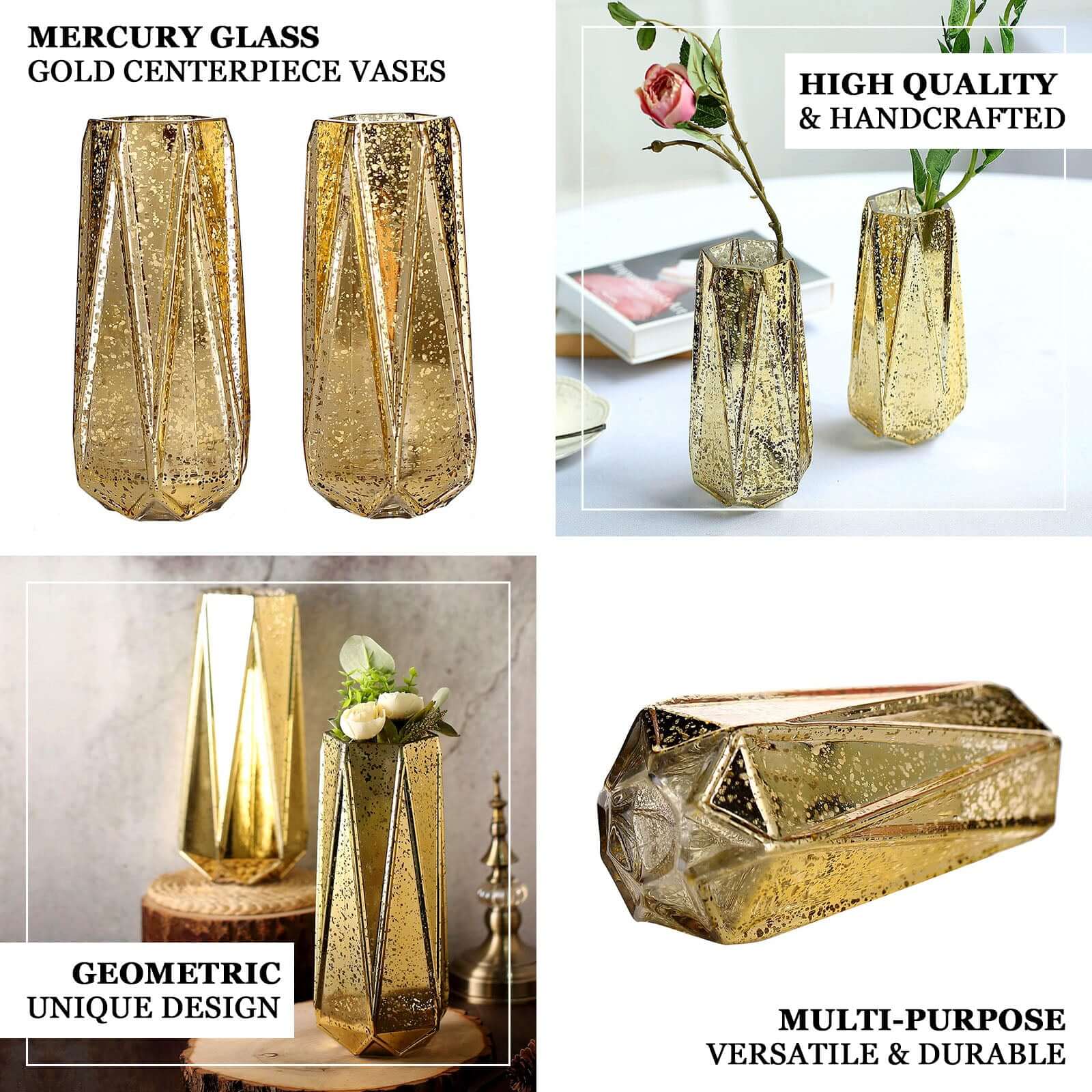 2-Pack Mercury Glass Vases Geometric Design Gold - Stylish Wedding Floral Centerpieces 8"