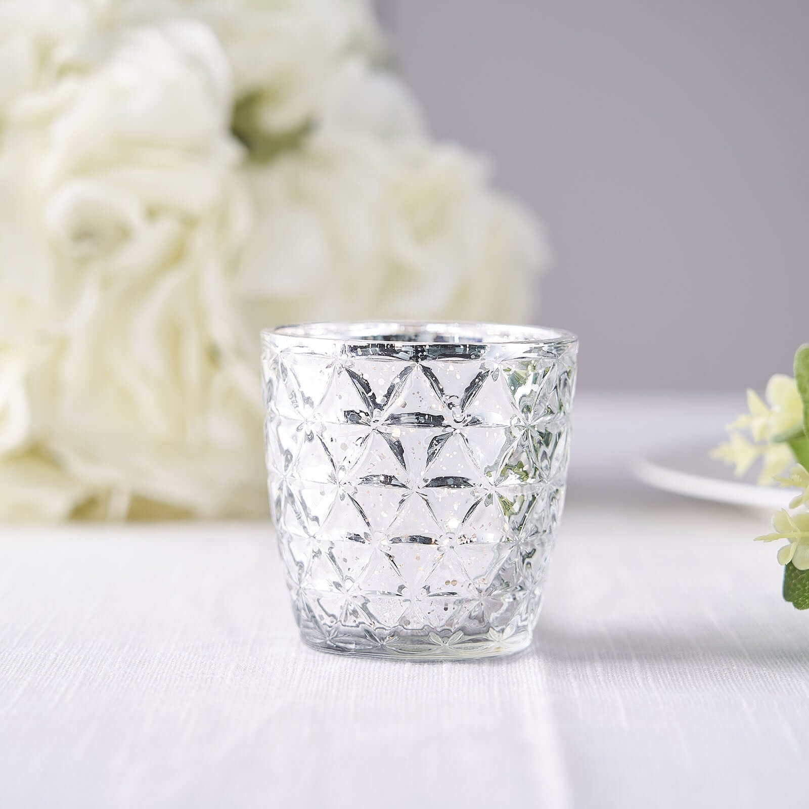 6-Pack Mercury Glass Votive Candle Holders Metallic Silver with Assorted Geometric Designs - Tealight Holders 3"