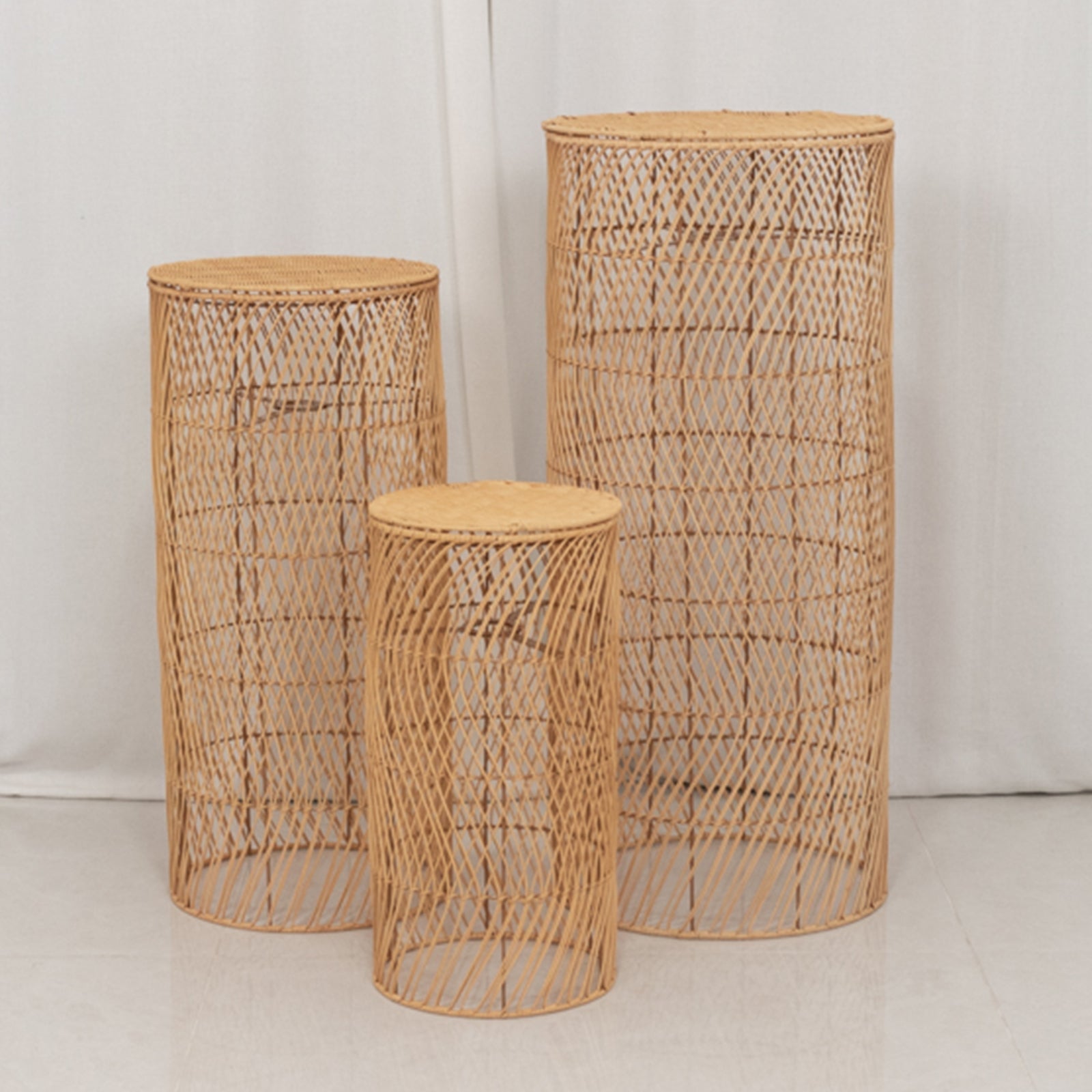 Set of 3 Natural Woven Rattan Wicker Pedestal with Wave Pattern - 19",27",33"