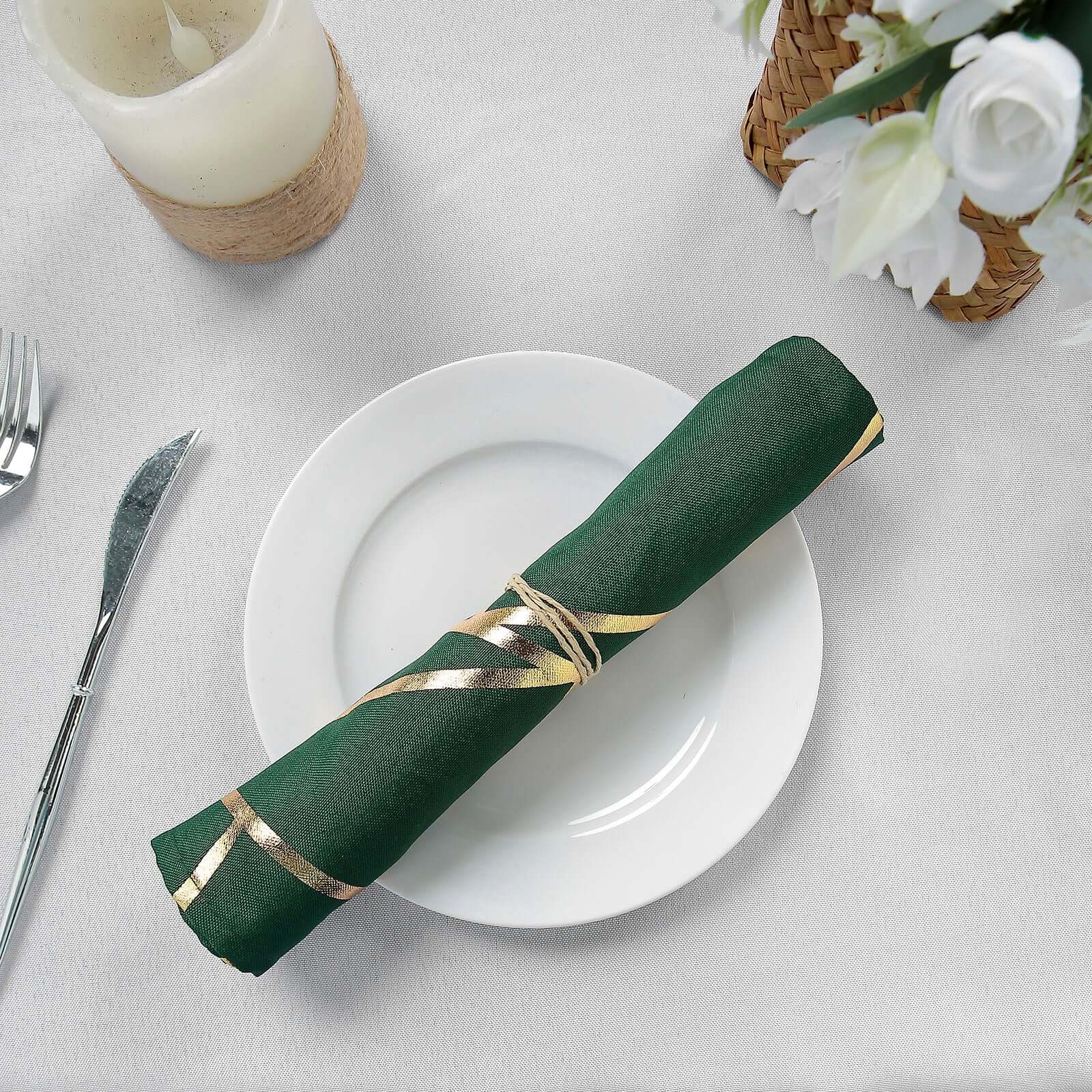 5 Pack Polyester 20"x20" Napkins Hunter Emerald Green with Gold Geometric Foil Pattern - Modern Reusable Dinner Napkins