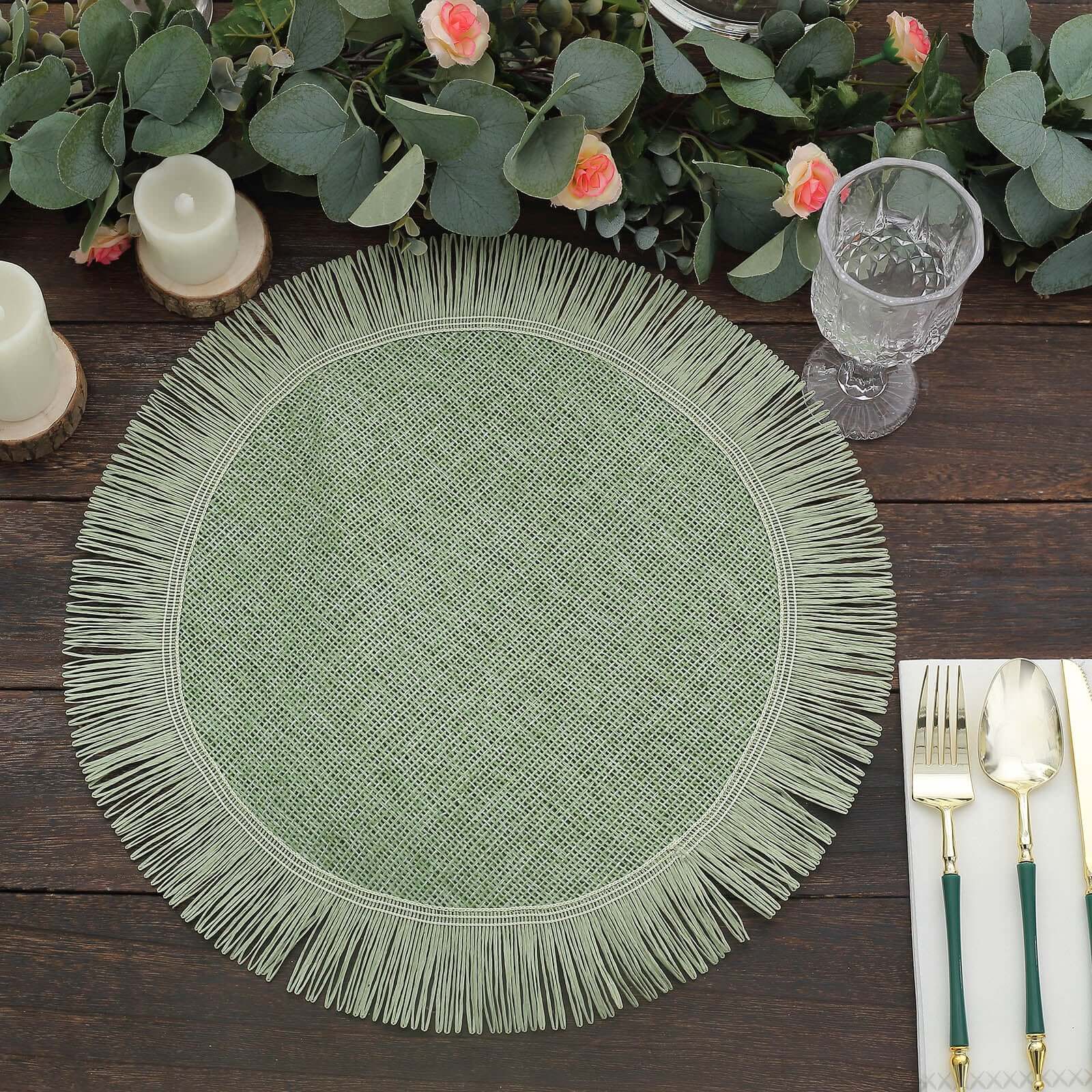 4-Pack Placemats Fringe Edge Design Sage Green Jute Round - Rustic Boho Chic Burlap Table Decor 16"