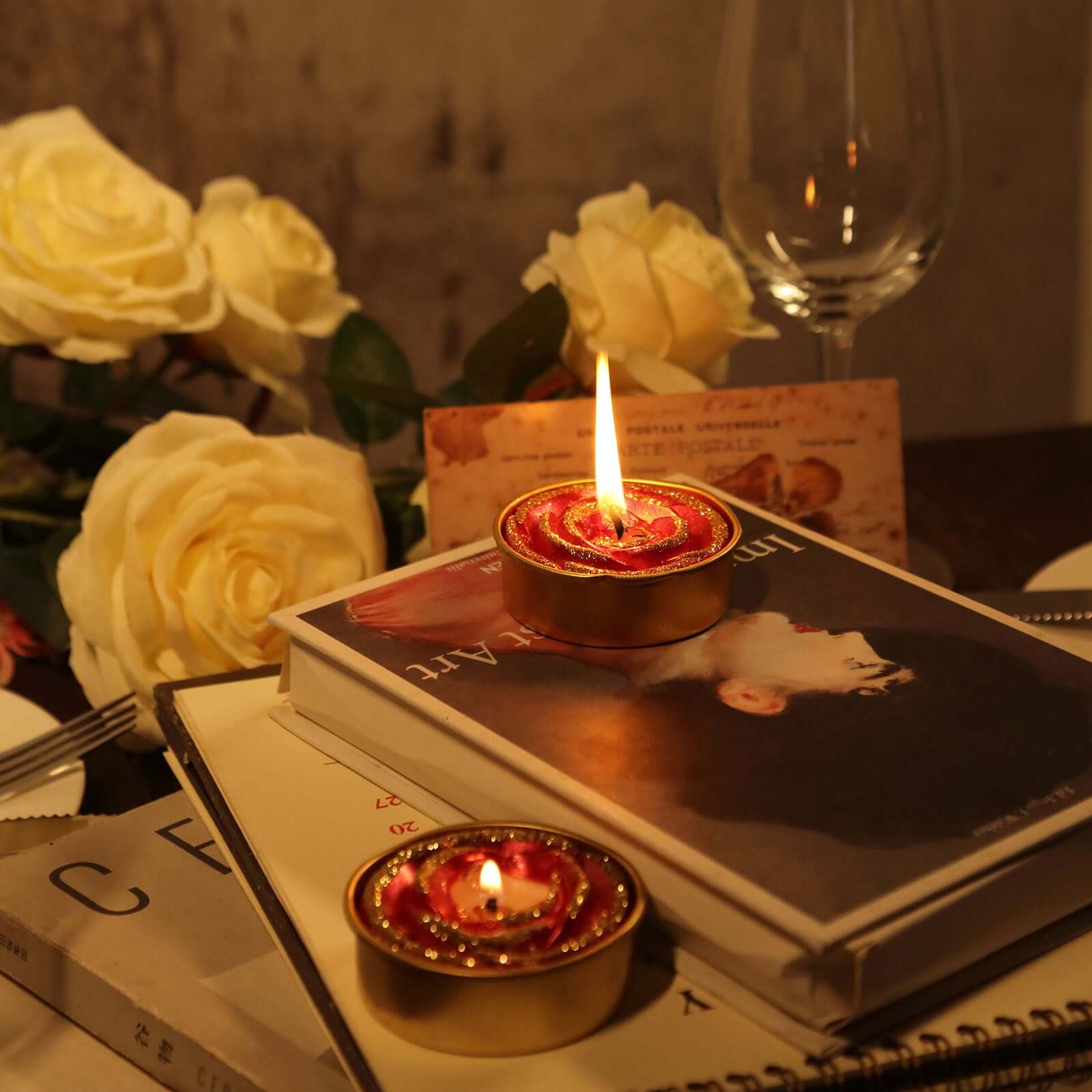 2-Pack Tealight Candles Red/Gold Glitter Rose Design - Unscented Dripless Wax for Romantic Decor