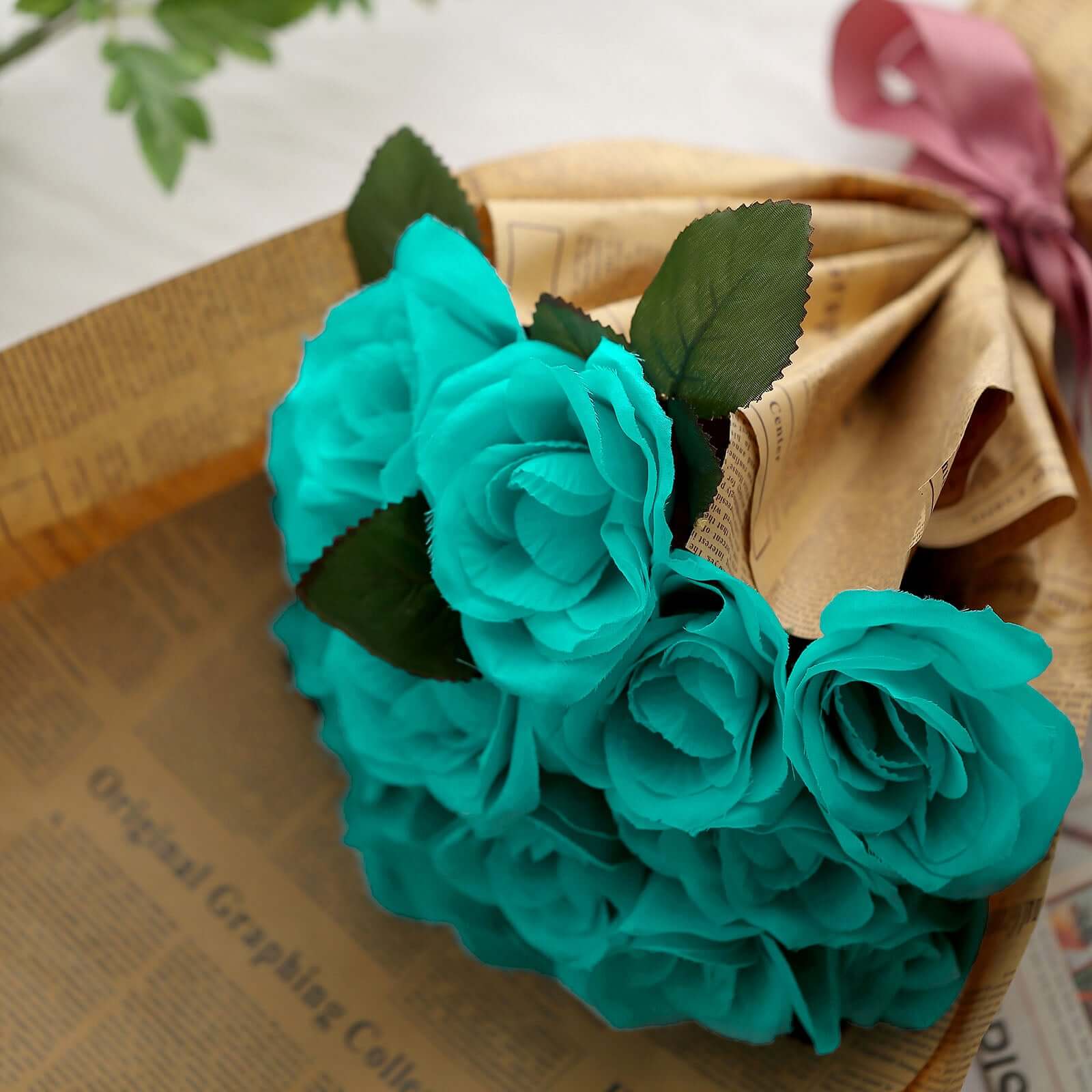 12" Turquoise Artificial Velvet-Like Fabric Rose Flower Bouquet Bush