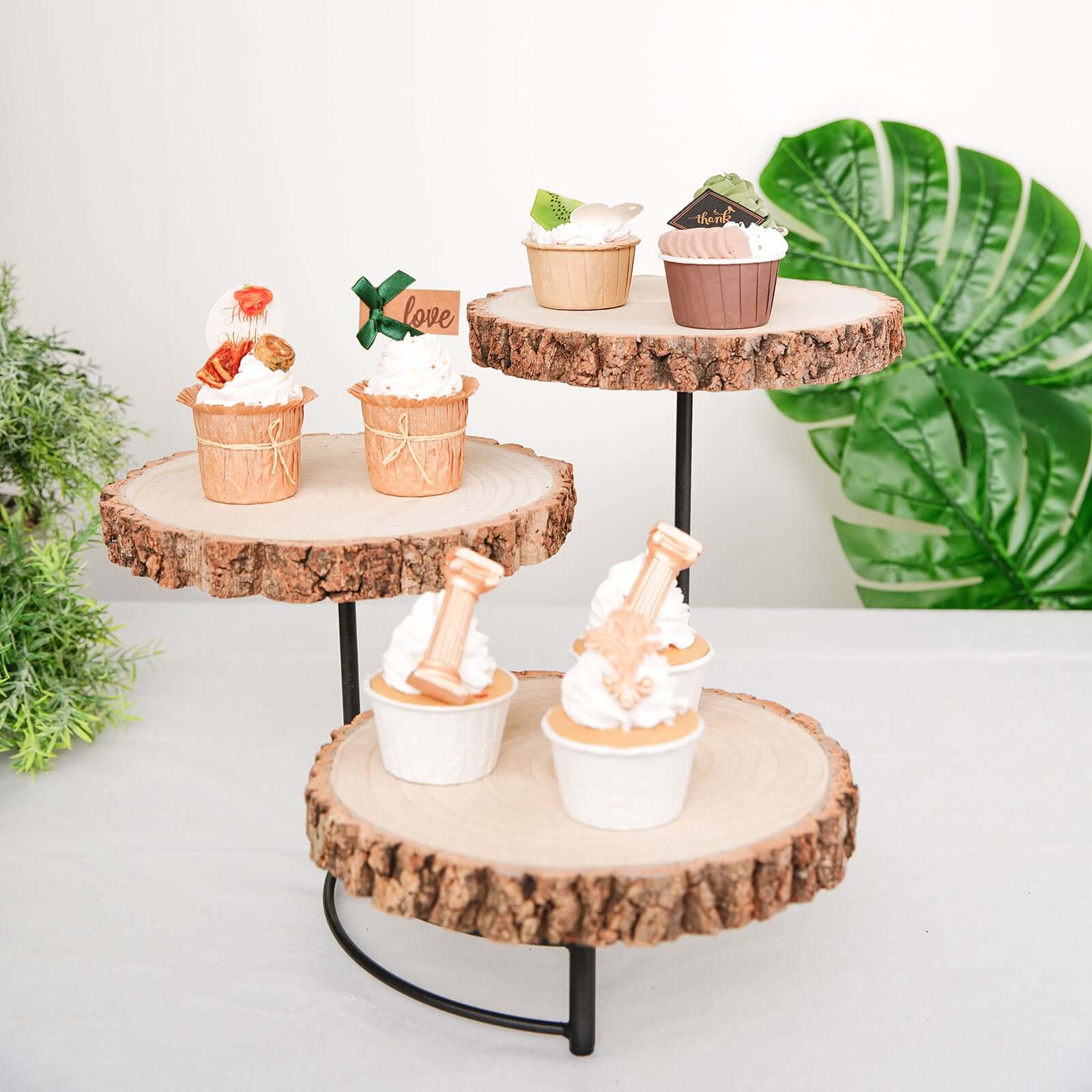 3-Tier Wooden Cheese Board Stand Half Moon Wood Slice Design - Rustic Cupcake Centerpiece 12" Tall