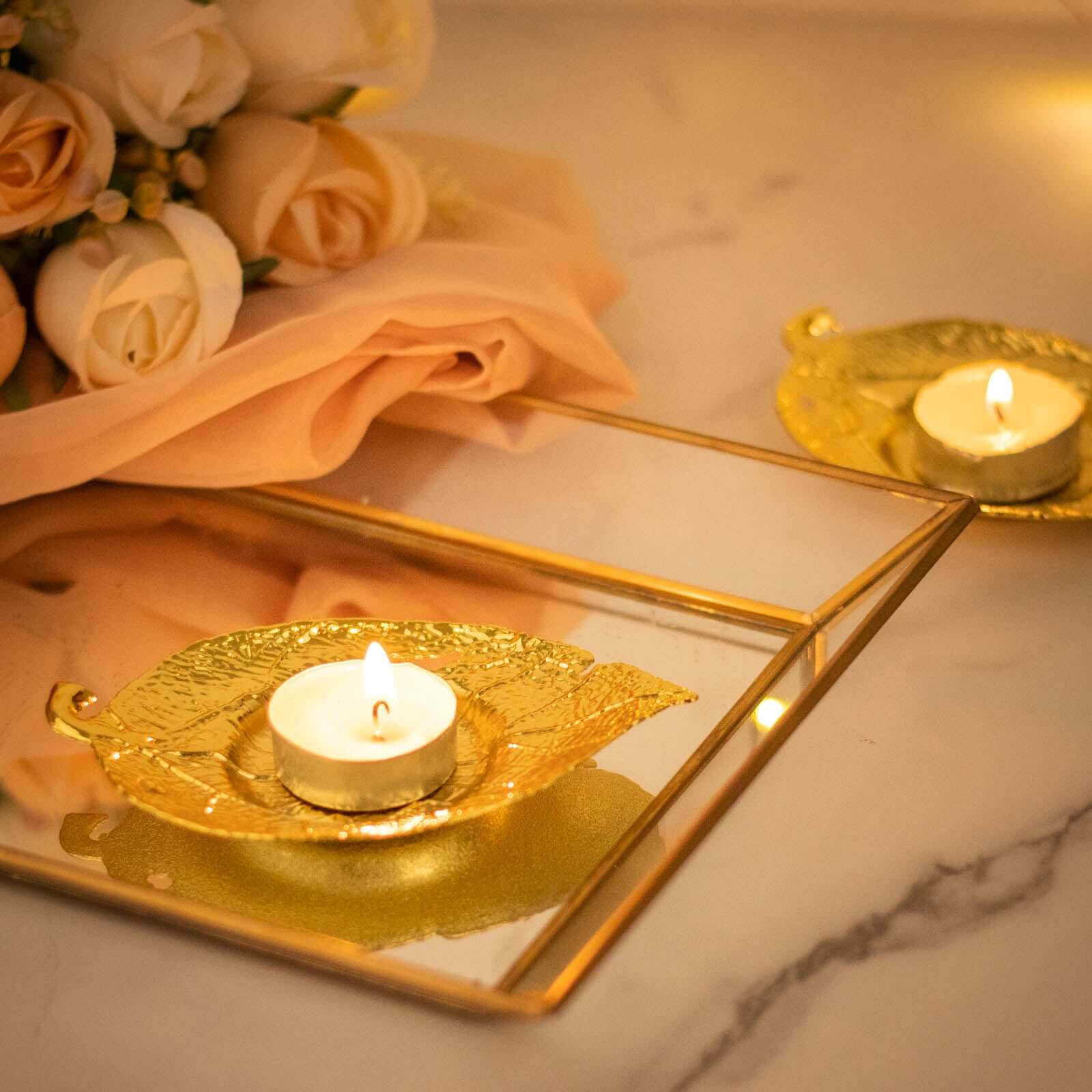 3-Pack Metal Votive Candle Holders Maple Leaf Design Shiny Gold - Vintage Mini Tea Cup Saucers 5"