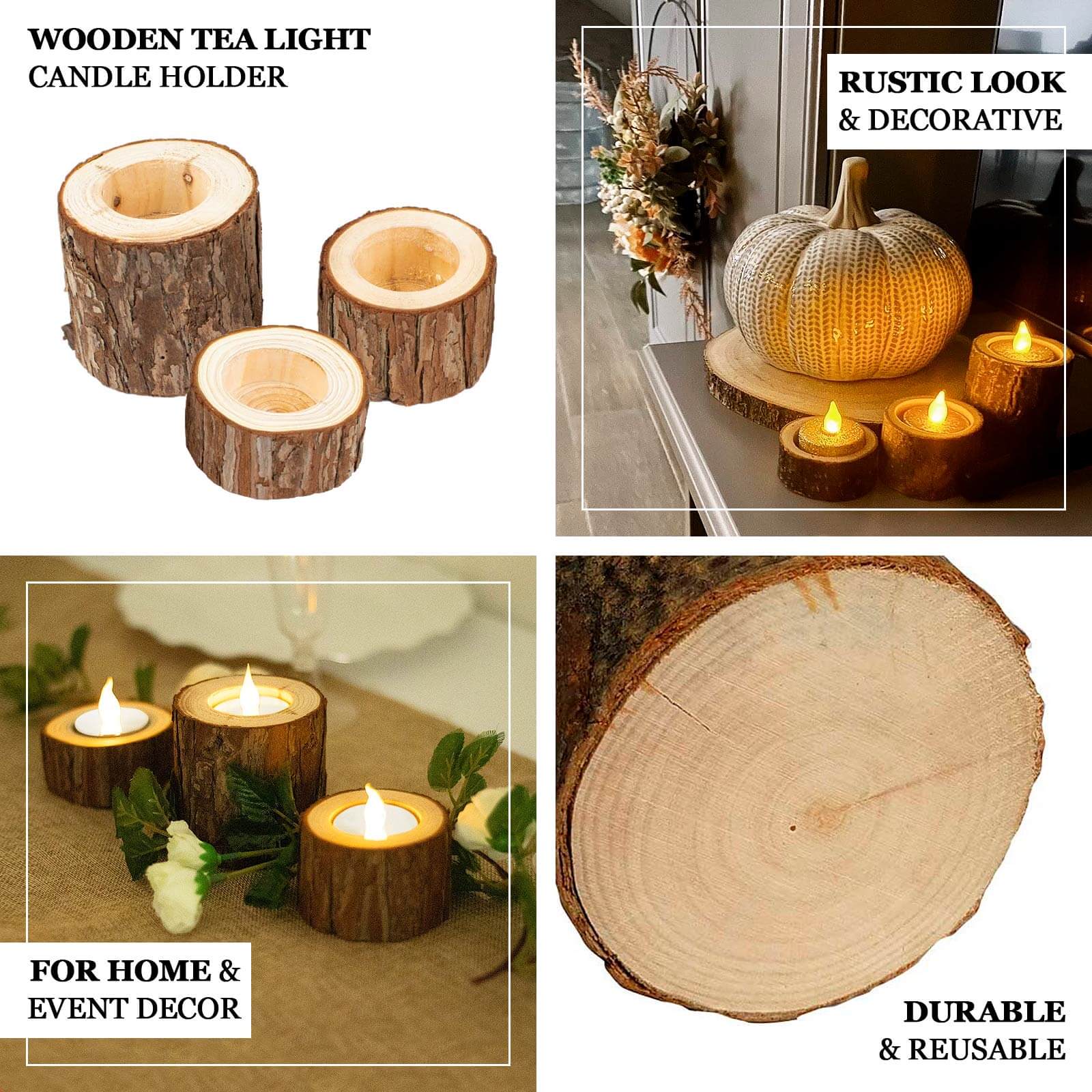 Set of 3 Rustic Wood Slice Votive Candle Holders - Tree Branch Wedding Table Décor 2.75", 1.5", 1.25"