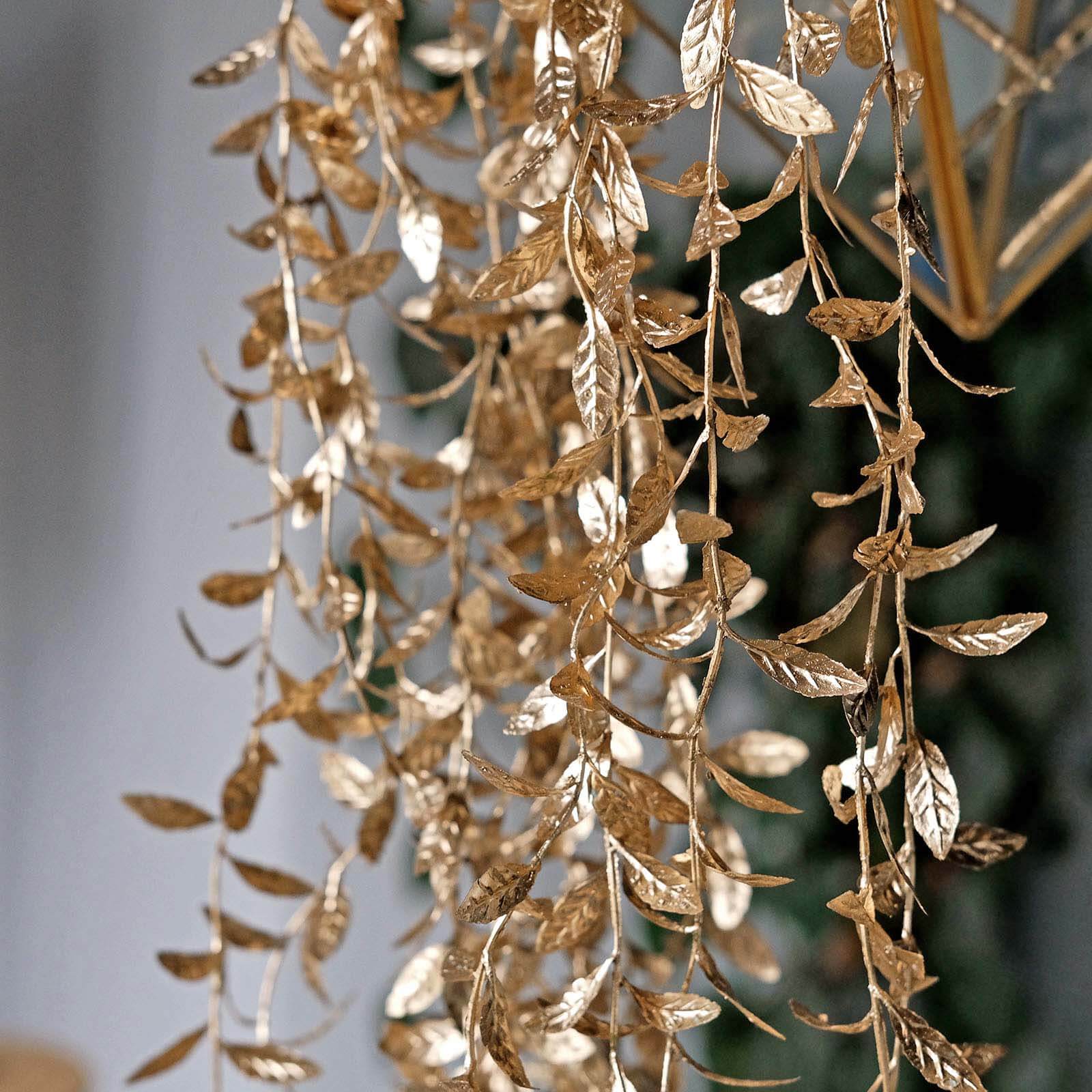2-Pack Artificial Hanging Ivy Leaf Stem Garlands Metallic Gold - UV Resistant & Maintenance Free Faux Decorative Willow Vines 41"