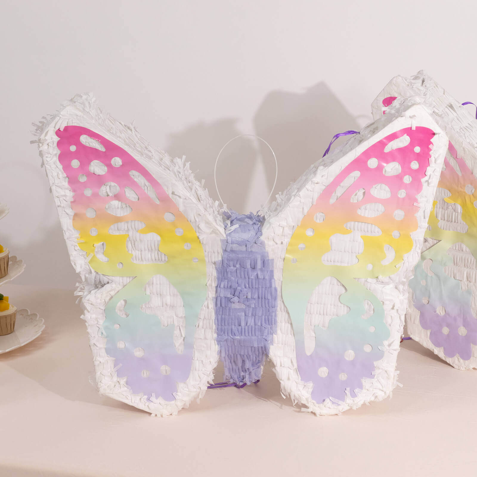 Expandable White Lilac Paper Butterfly Pinata Hanging Decor with Pastel Colored Wings, Fairy Themed Birthday Party Pinata - 23"x19"