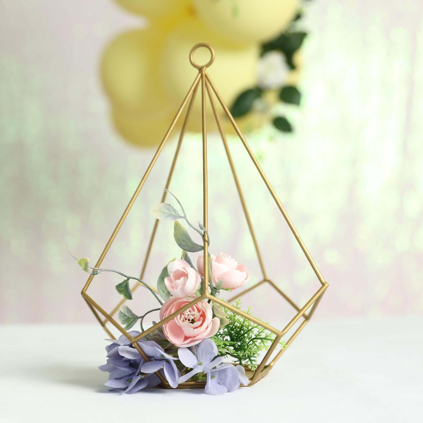 2-Pack Tealight Candle Holders Gold Metal Pentagon Geometric Open Frame - Flower Stand 9"