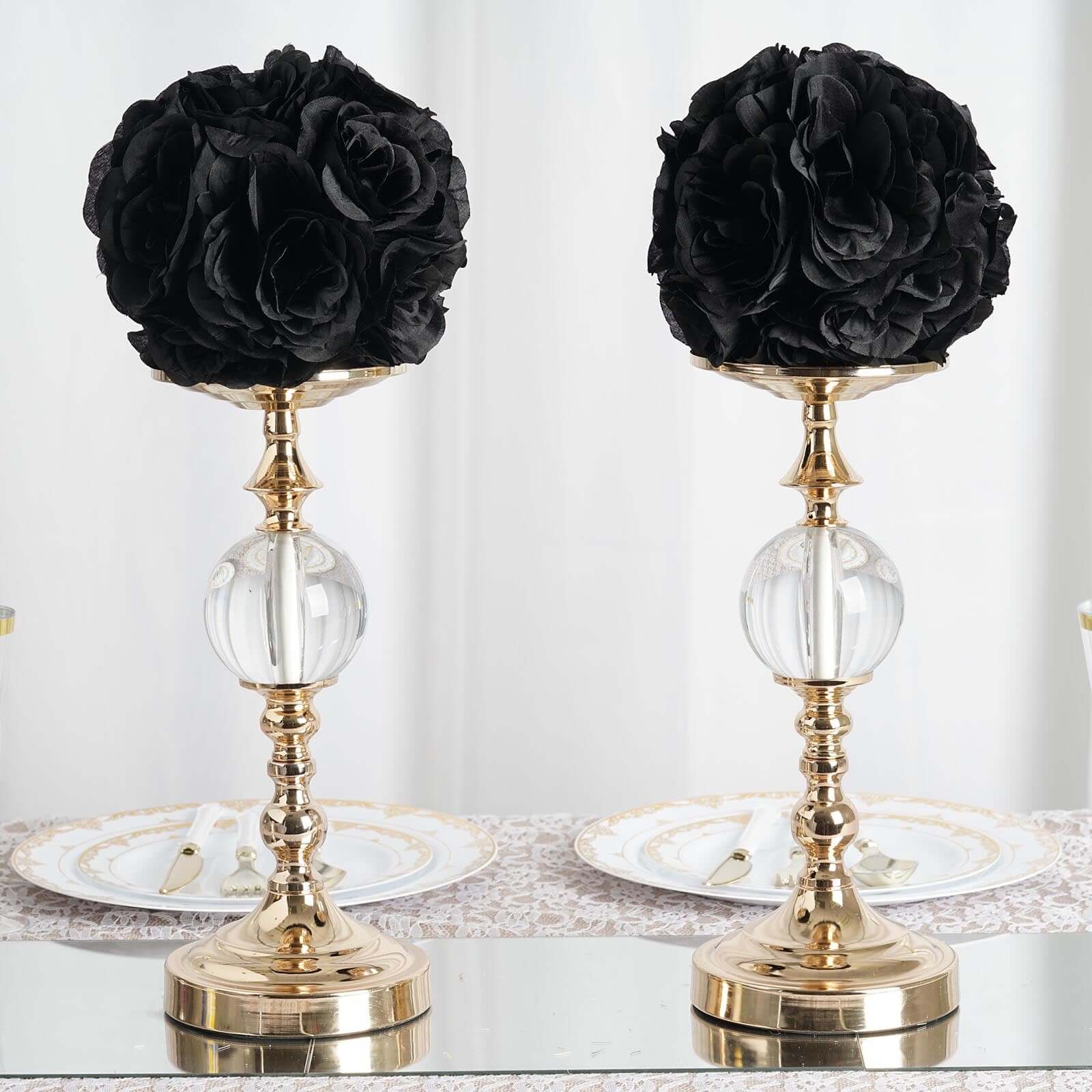 2 Pack 7" Black Artificial Silk Rose Kissing Ball, Faux Flower Ball