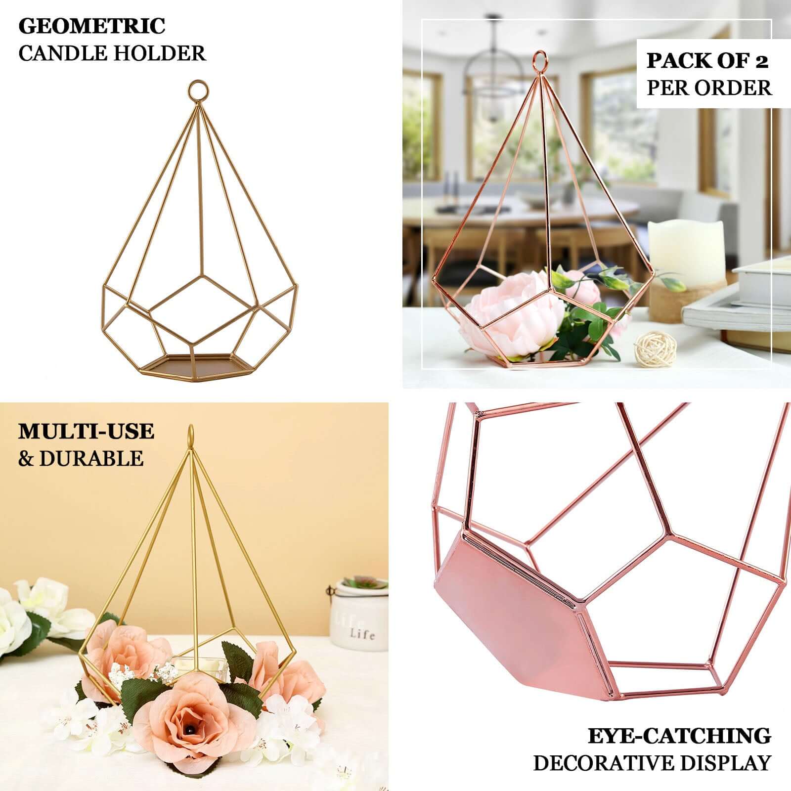 2-Pack Tealight Candle Holders Gold Metal Pentagon Geometric Open Frame - Flower Stand 9"