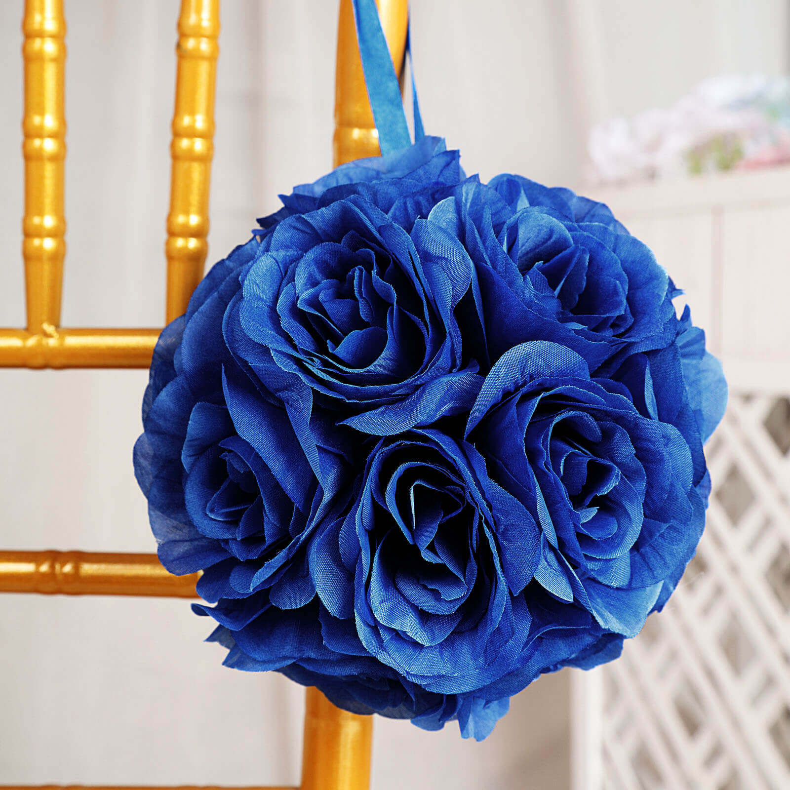 2 Pack 7" Royal Blue Artificial Silk Rose Kissing Ball, Faux Flower Ball