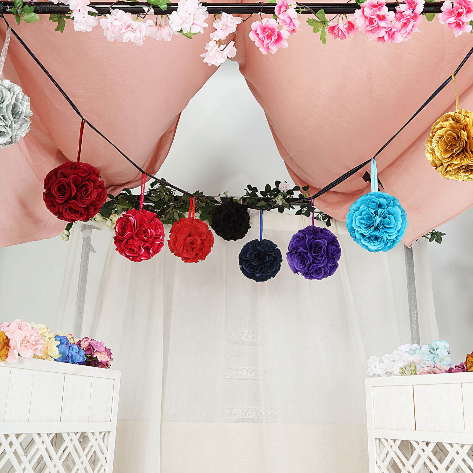 2 Pack 7" Red Artificial Silk Rose Kissing Ball, Faux Flower Ball