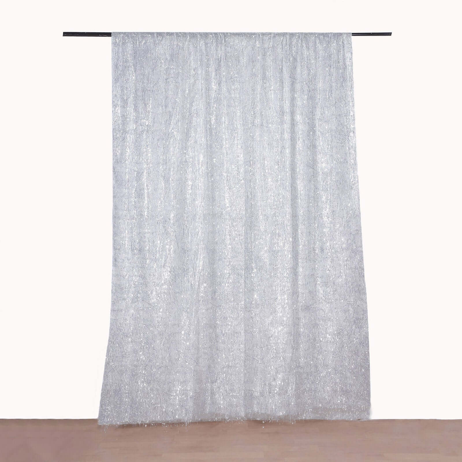 8ft Silver Metallic Fringe Shag Event Drapery Panel, Shimmery Tinsel Polyester Divider Backdrop Curtain