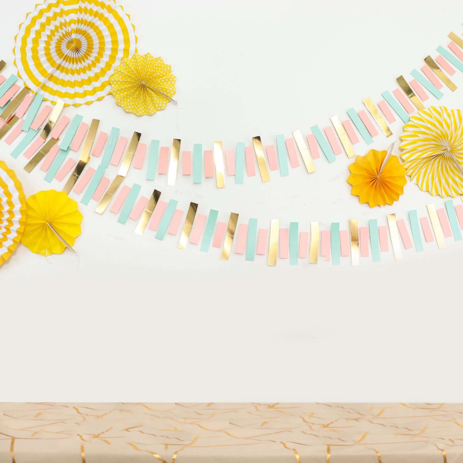 Gold, Blush and Turquoise Confetti-Like Paper Party Garland Streamer, Hanging Backdrop Decoration - 6.5ft