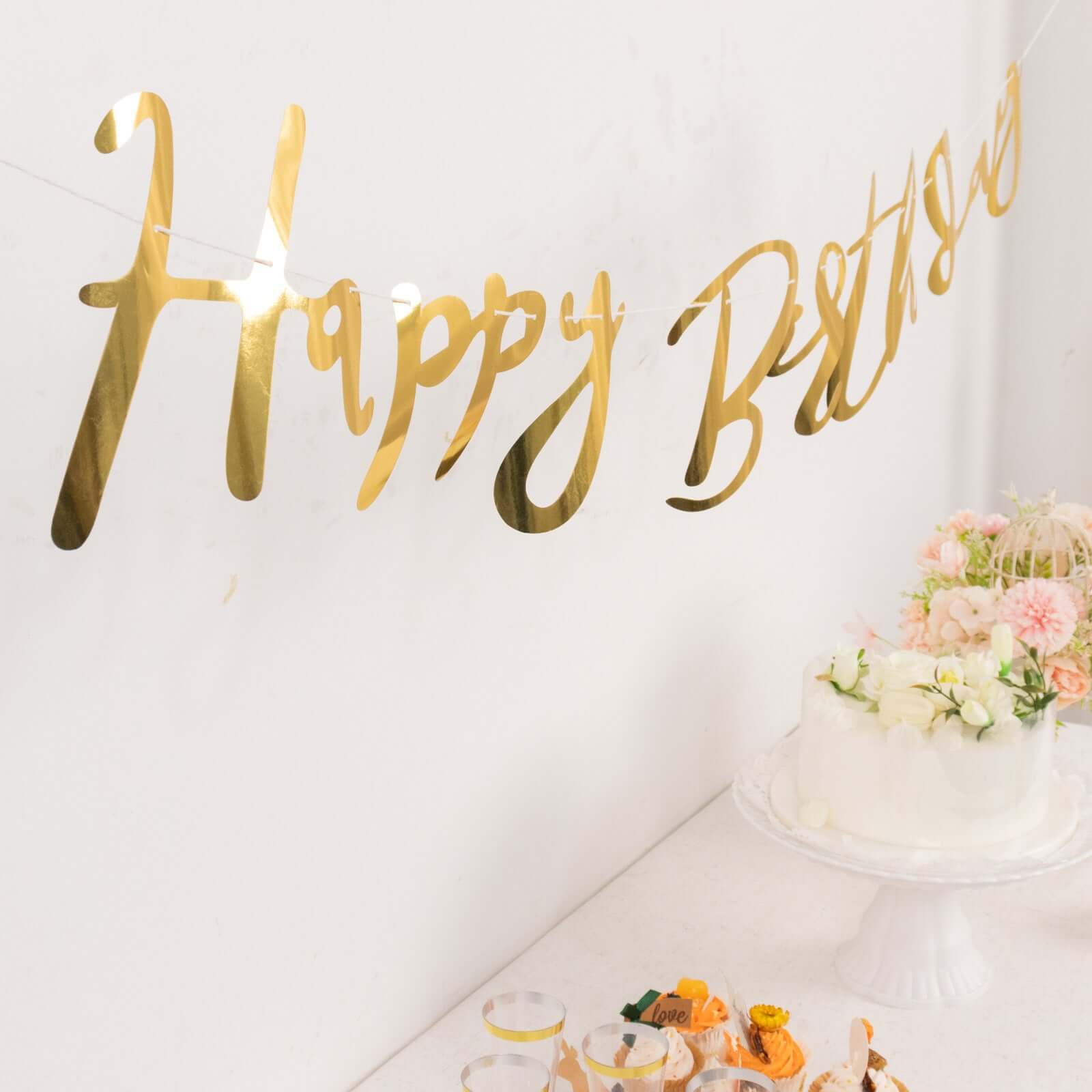 10ft Pre-Strung Metallic Gold Foil "Happy Birthday" Banner, Party Photo Backdrop Hanging Garland - 250 GSM