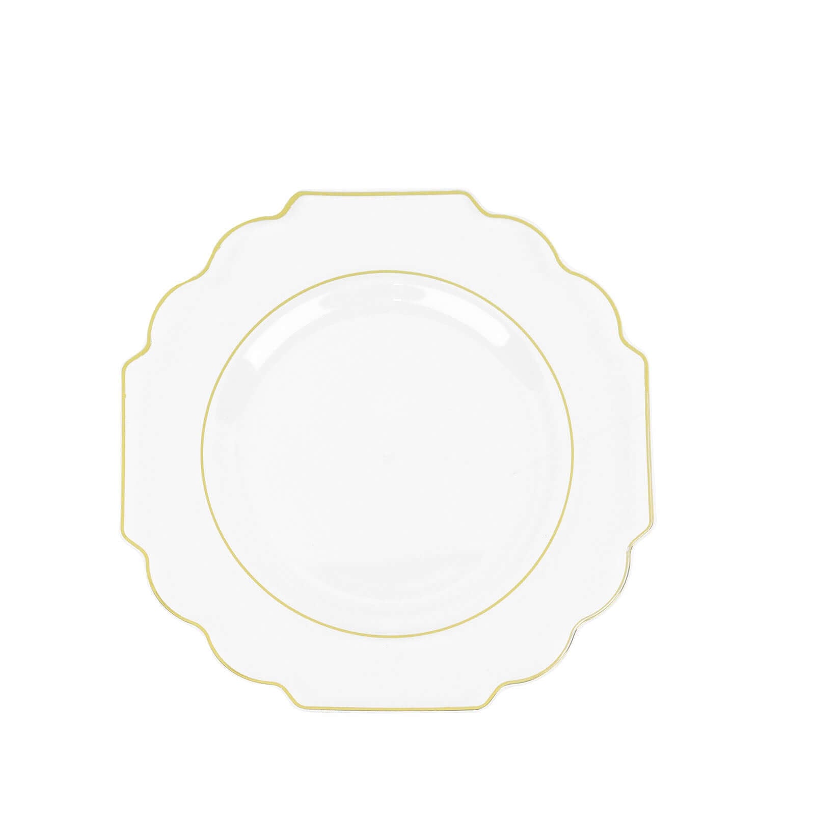 10-Pack Plastic Dessert Appetizer Plates in Clear Baroque Design with Scalloped Gold Rim - Heavy Duty Disposable Salad Plates 8"