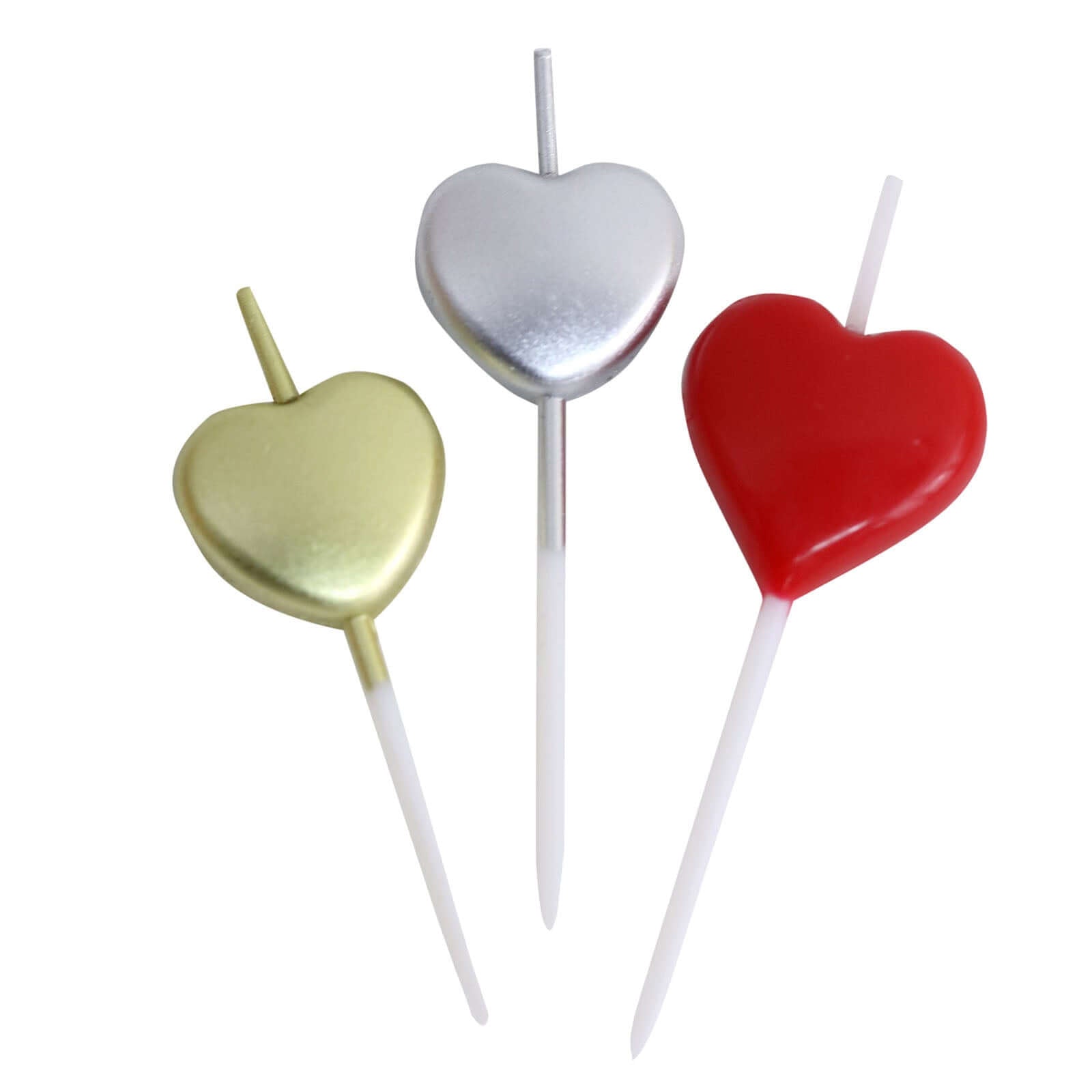 10-Pack Heart Shaped Cupcake Candles Love and Valentine Dessert Toppers - Red, Silver, and Gold