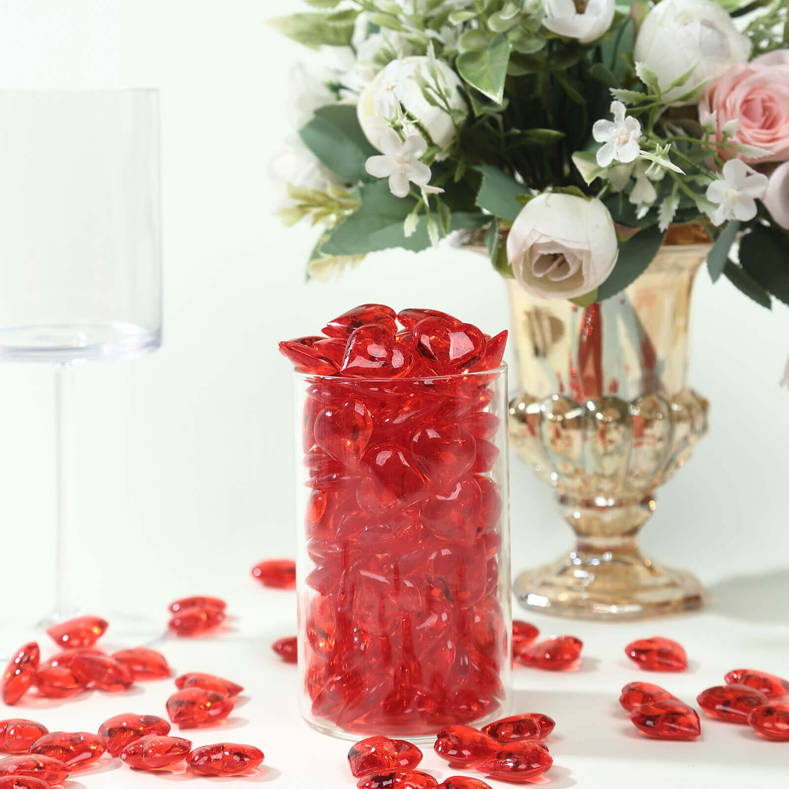 250 Pcs Acrylic Heart Diamond Gems Red Vase Fillers - Romantic Translucent Table Scatters for Valentine's Day & Events