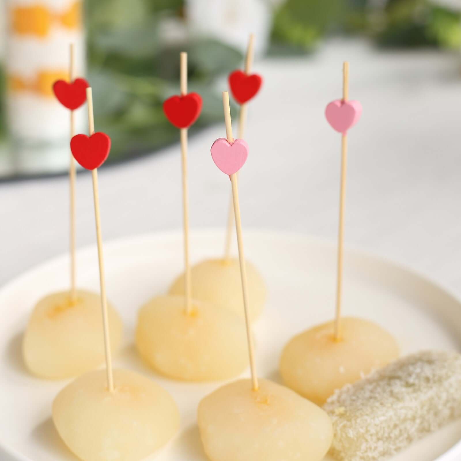 100-Pack Bamboo Cocktail Sticks Heart Design Eco Friendly Red/Pink - Biodegradable Fruit Appetizer Party Picks 5"