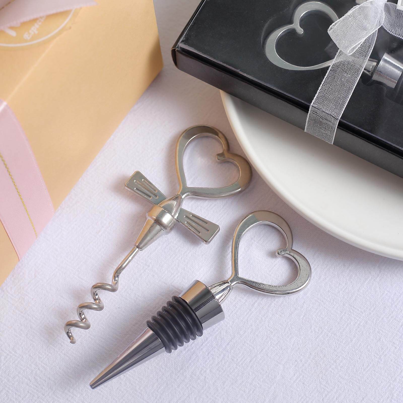 Silver Metal Heart Wine Bottle Opener Cork Stopper Party Favors Souvenir Gift Set, Wedding Favor in Velvet Box - 4.5",5"