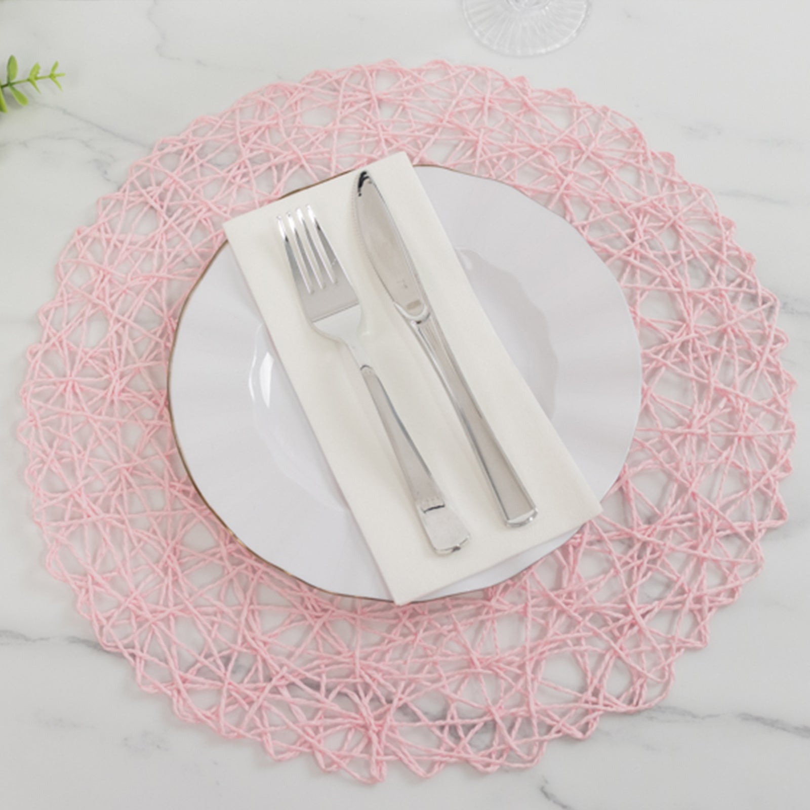 6-Pack Table Placemats Woven Fiber Design Blush Round - Disposable Mats for Dining and Events 15"