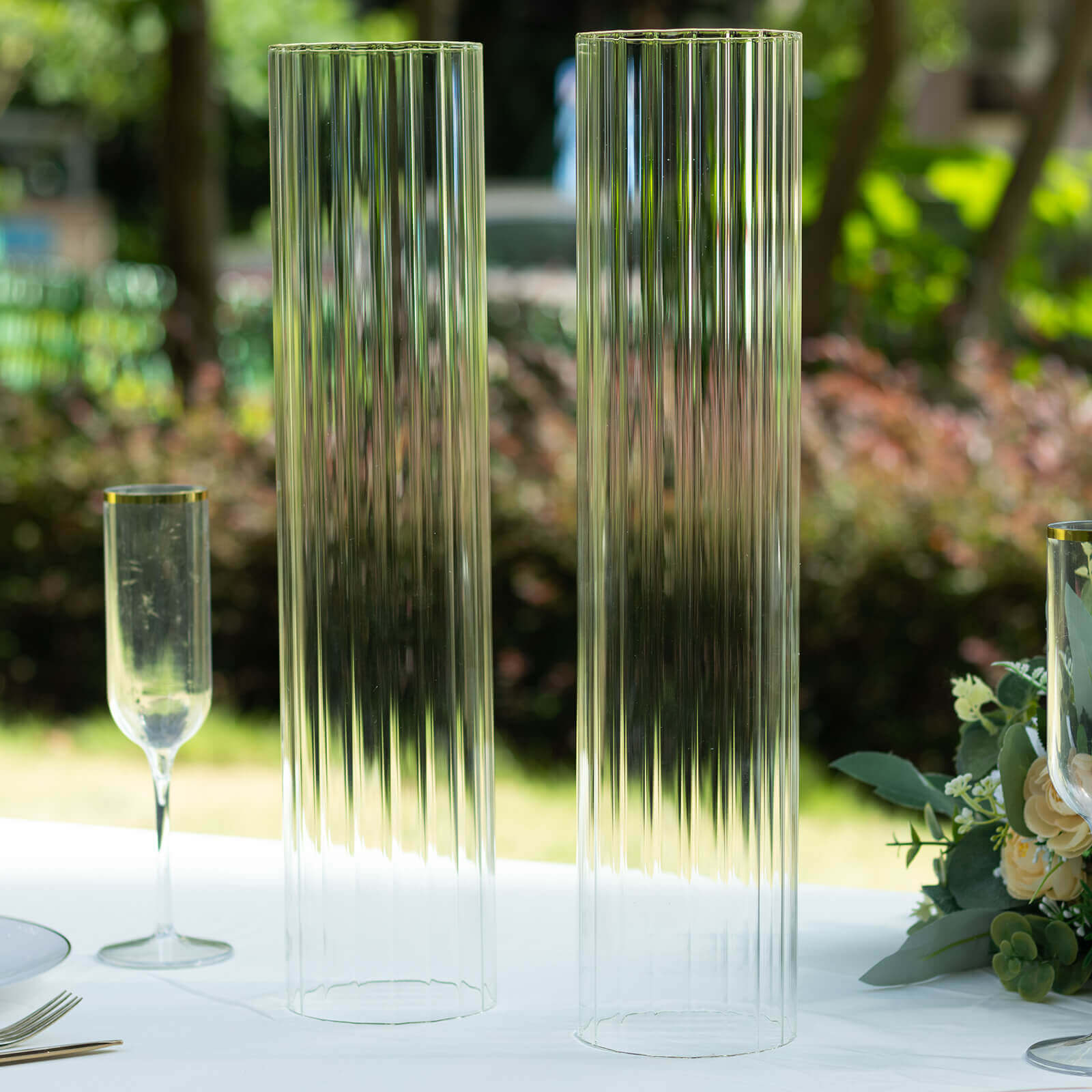 2-Pack Clear Ribbed Glass Hurricane Shades Open End Design - Stylish Candelabra Pillar Candle Holder Table Centerpiece 18"