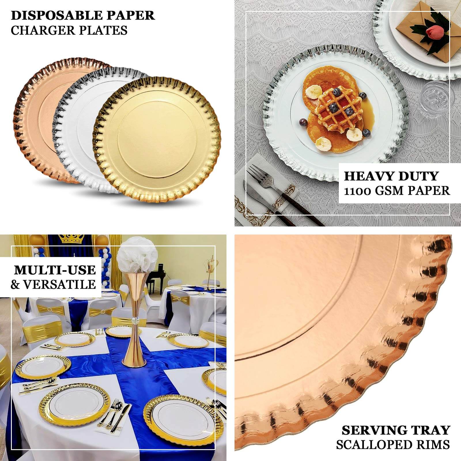 10-Pack Paper 13" Round Charger Plates in Rose Gold with Scalloped Rims - Heavy Duty Disposable 1100GSM Serving Trays