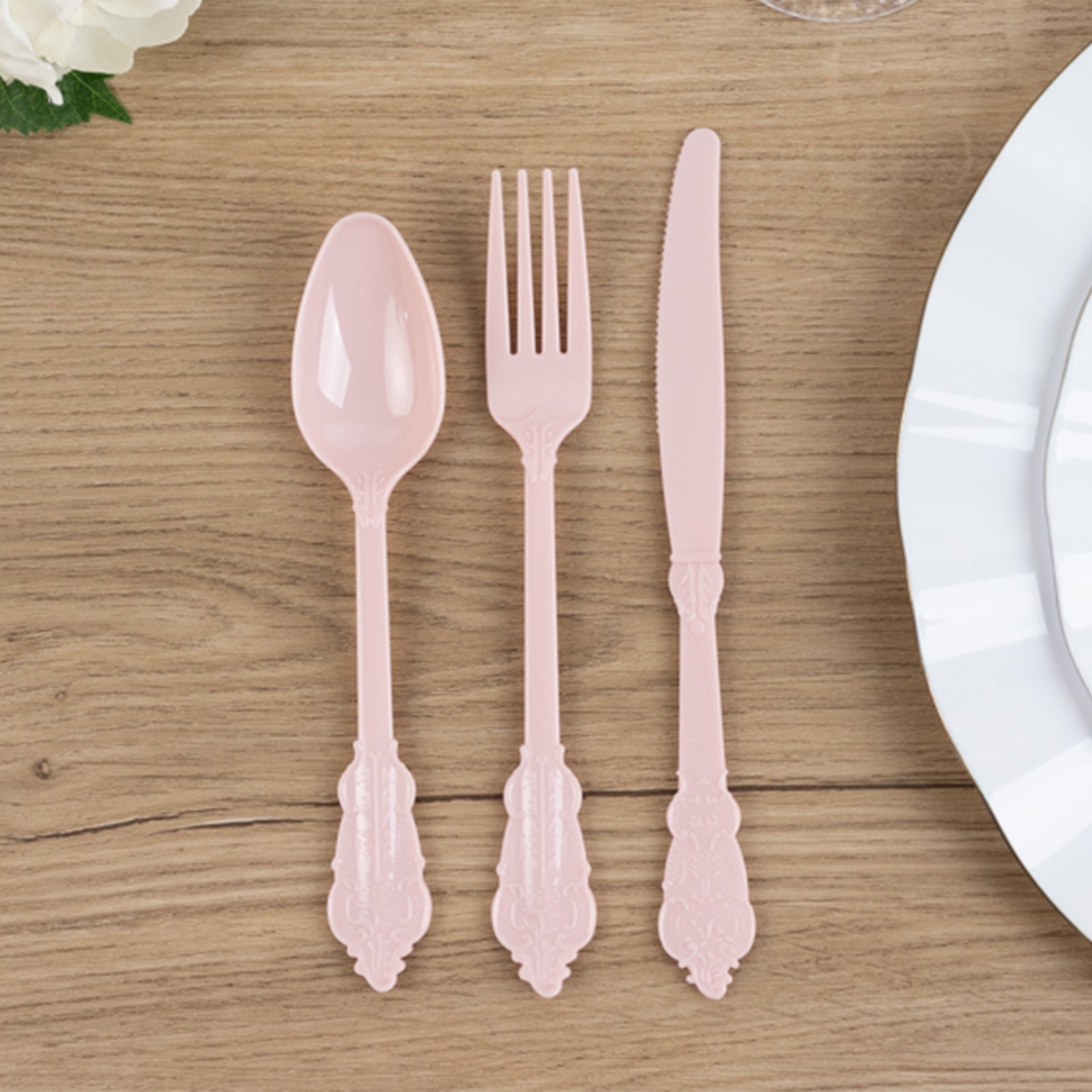 72 Pcs Plastic Silverware Set in Baroque Style Blush - Heavy Duty Disposable Knife, Fork, and Spoon Set