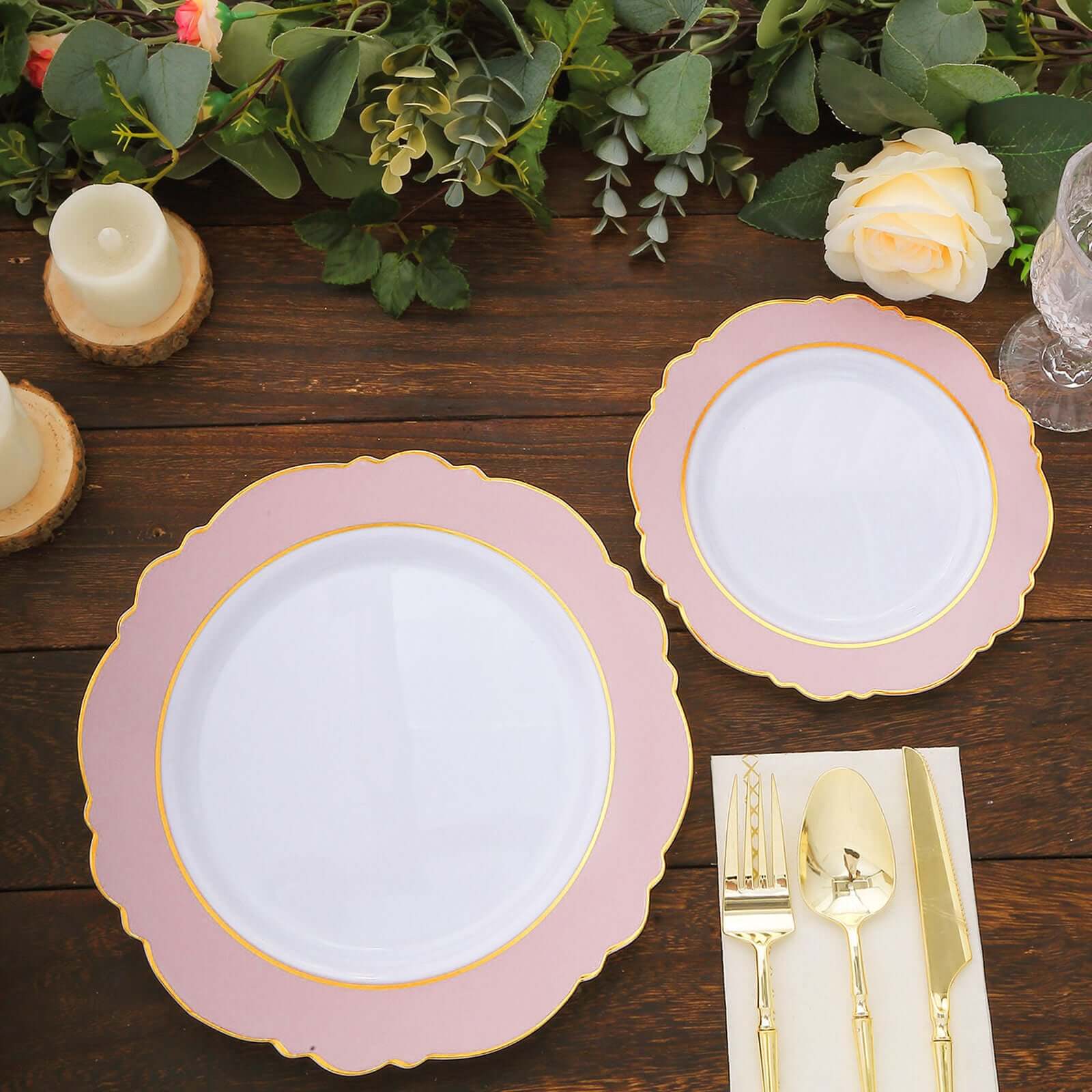 10-Pack Plastic 8" Round Dessert Plates in White with Blush Blossom Design & Gold Edging - Disposable Salad Appetizer Plates