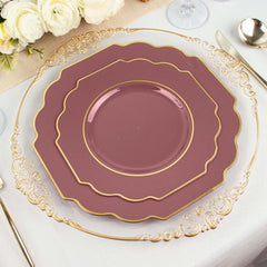 10-Pack Plastic Dinner Plates in Cinnamon Rose Baroque Design with Scalloped Gold Rim - Heavy Duty Disposable Party Plates 11"