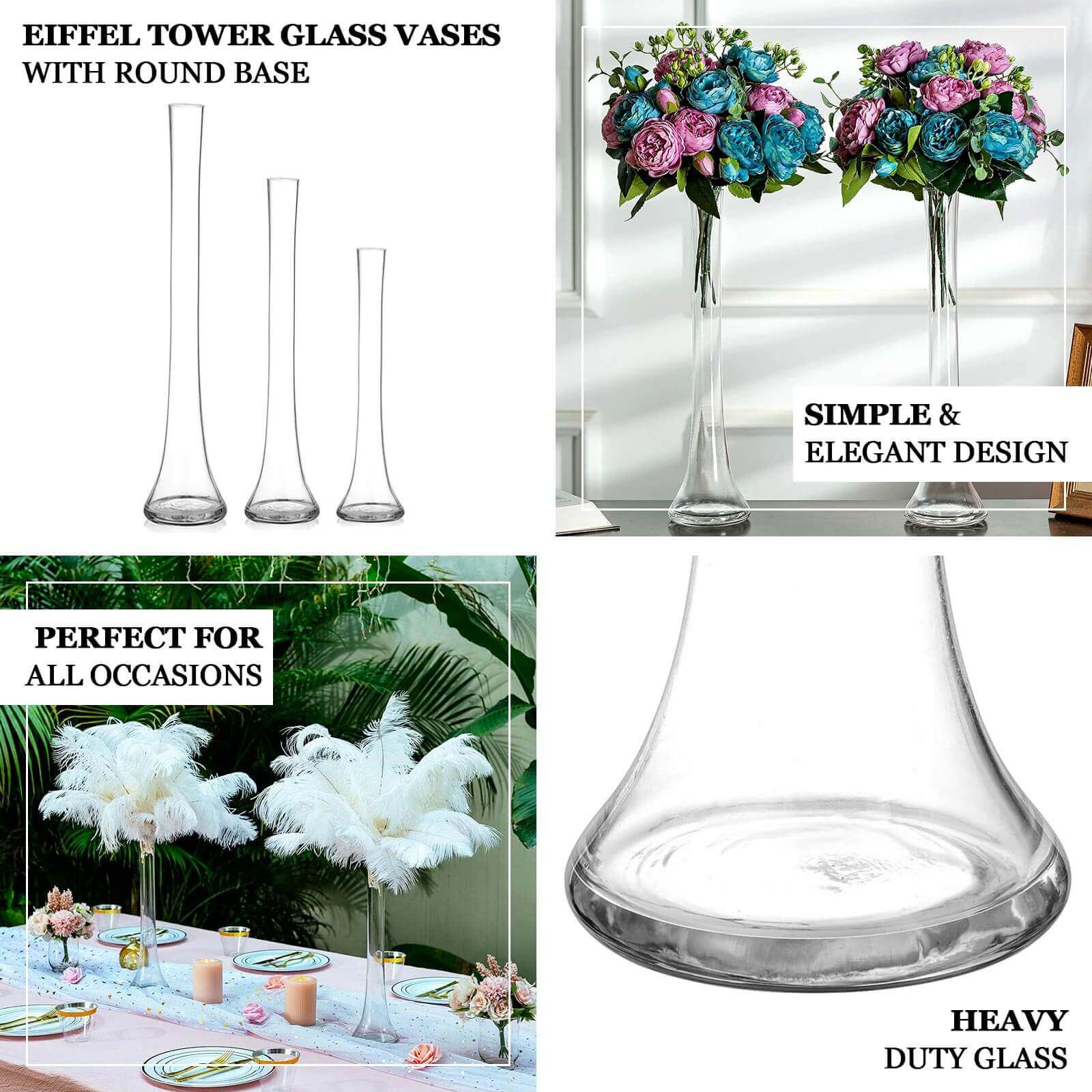 6-Pack Glass Eiffel Tower Vases Clear with Round Base - Tall Skinny Flower Bud Wedding Centerpieces 24"