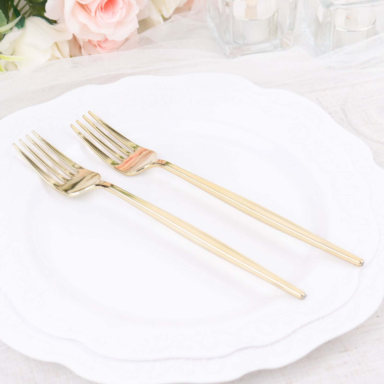 24 Pack 8" Glossy Gold Heavy Duty Plastic Silverware Forks Cutlery, Premium Disposable Sleek Flatware