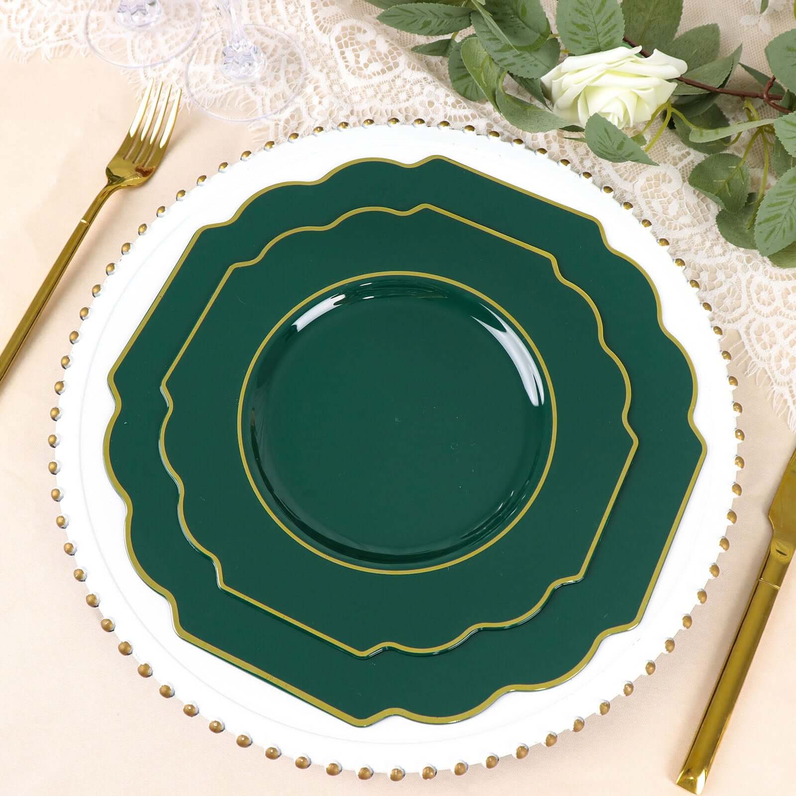10-Pack Plastic Dinner Plates in Hunter Emerald Green Baroque Design with Scalloped Gold Rim - Heavy Duty Disposable Party Plates 11"