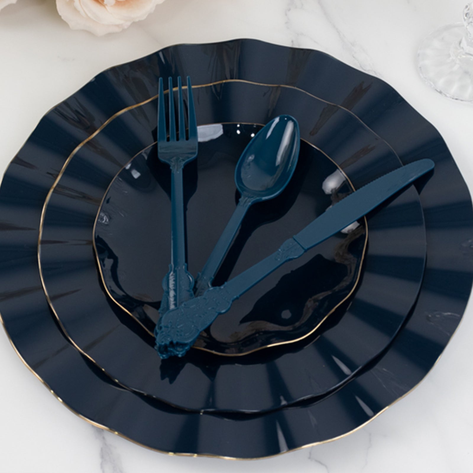72 Pcs Plastic Silverware Set in Baroque Style Navy Blue - Heavy Duty Disposable Knife, Fork, and Spoon Set