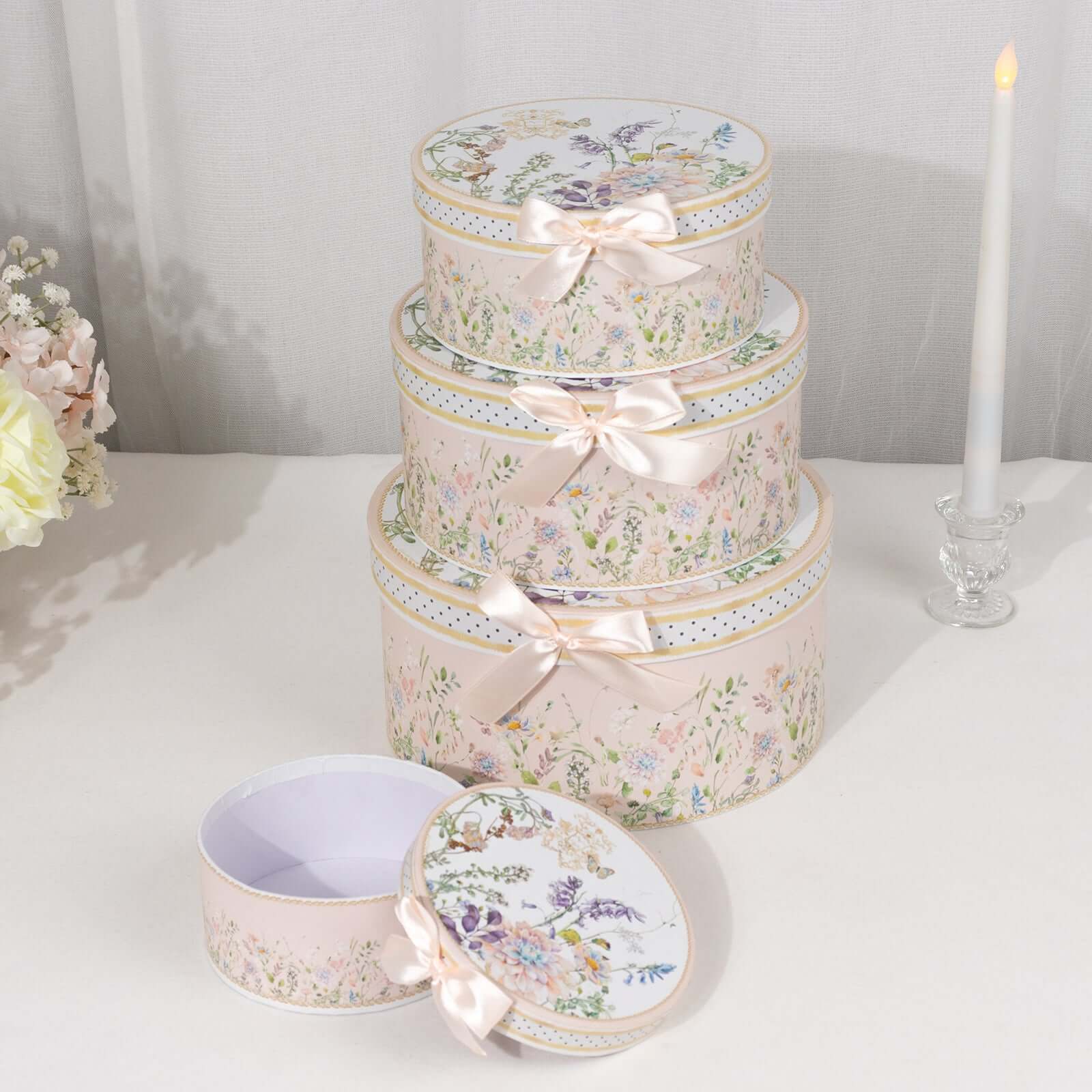 Set of 4 Cardstock Round Nesting Gift Boxes Blush Floral Design - Decorative Heavy Duty Stackable Keepsake Boxes With Lids for Presents Storage & Pedestal Stand 5",7",8",9"