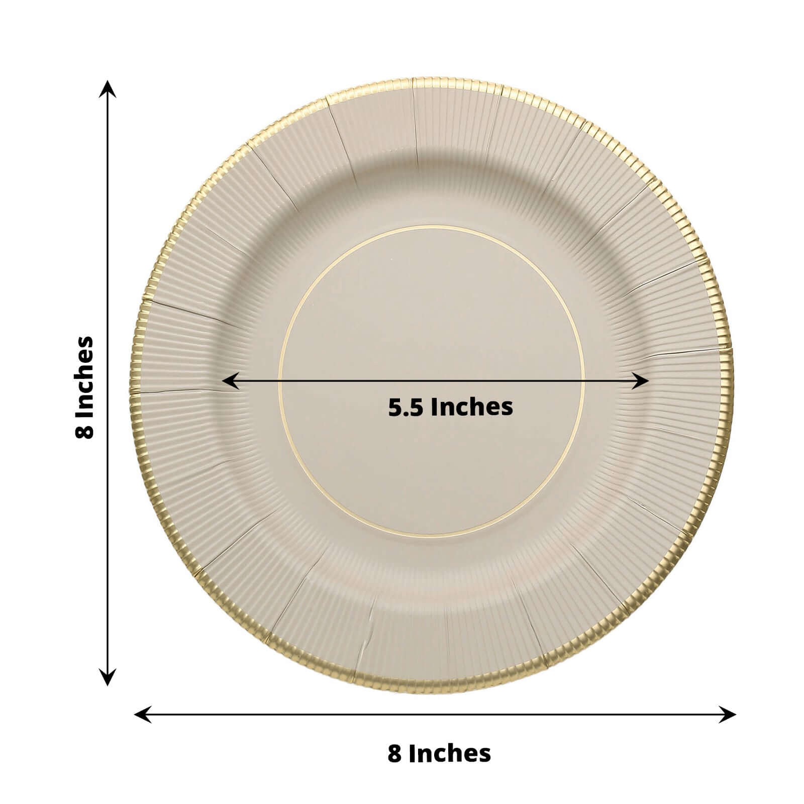 25-Pack Paper 8" Round Dessert Plates in Taupe Sunray Design with Gold Rim - Disposable Heavy Duty 350GSM Appetizer Salad Plates