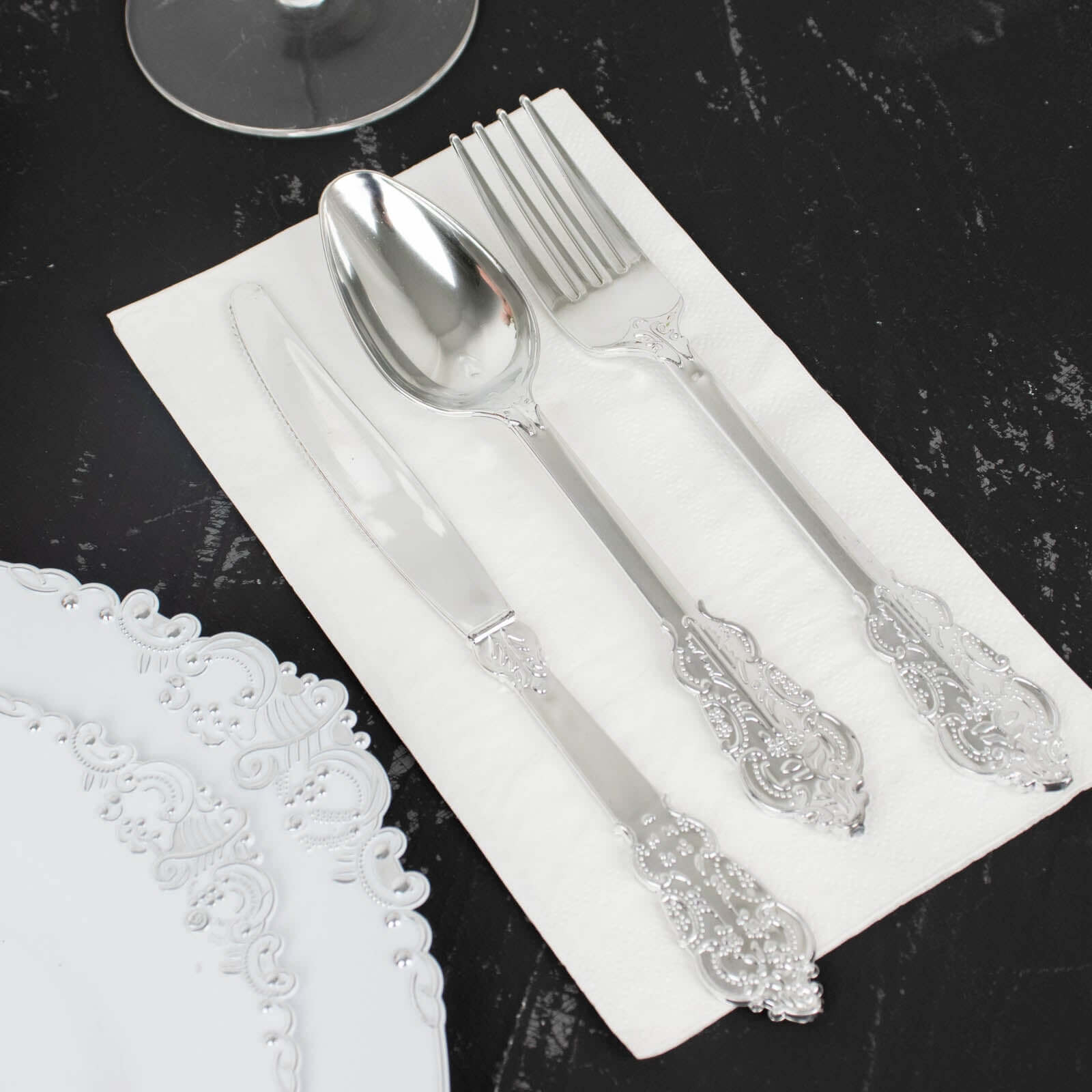 24 Pcs Plastic Silverware Set in Baroque Style Metallic Silver - Heavy Duty Disposable Knife, Fork, and Spoon Set