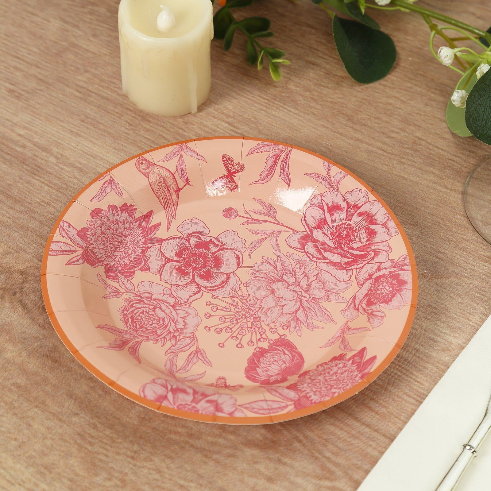 50-Pack Paper Round Dessert and Dinner Plates in Dusty Rose Spring Floral Print with Gold Rim for Table Decor 7", 9"