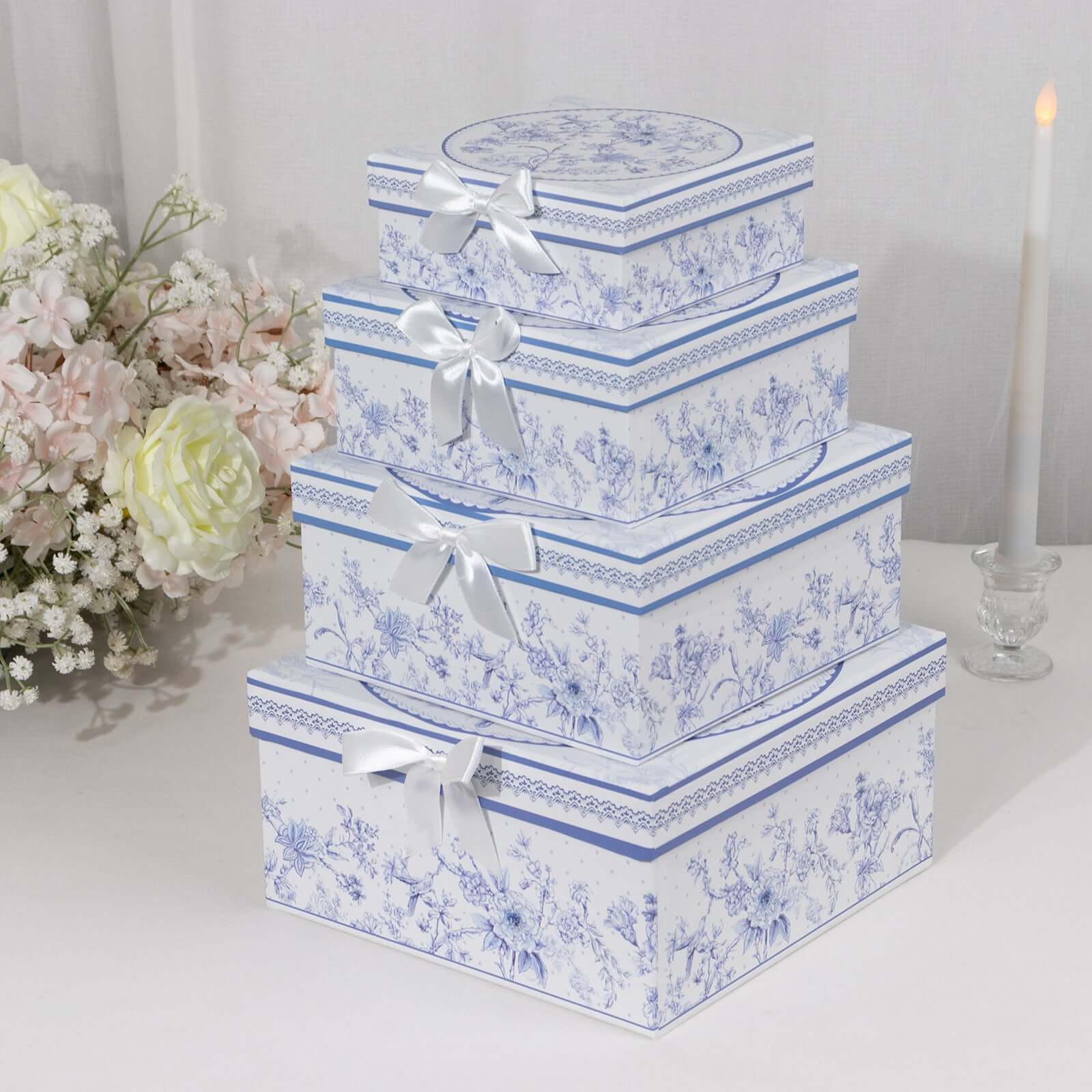 Set of 4 Cardstock Square Nesting Gift Boxes White Blue French Toile Design - Decorative Heavy Duty Stackable Keepsake Boxes With Lids for Presents Storage & Pedestal Stand 6",7",8",9"