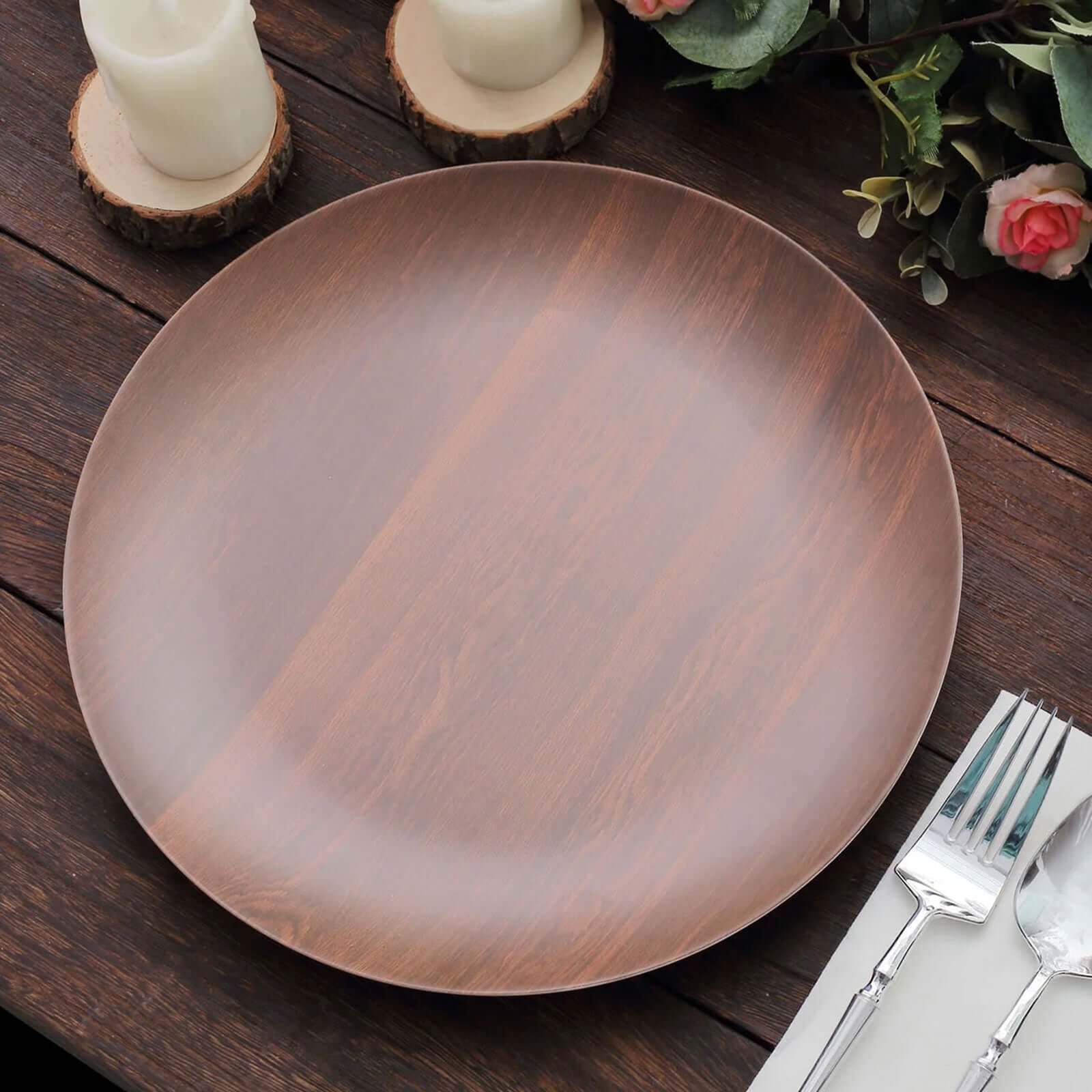 Pack of 6 Melamine 10" Round Dinner Plates in Brown Wood Grain Print - Disposable Shatterproof Party Plates for Rustic Farmhouse-Inspired Table Decor