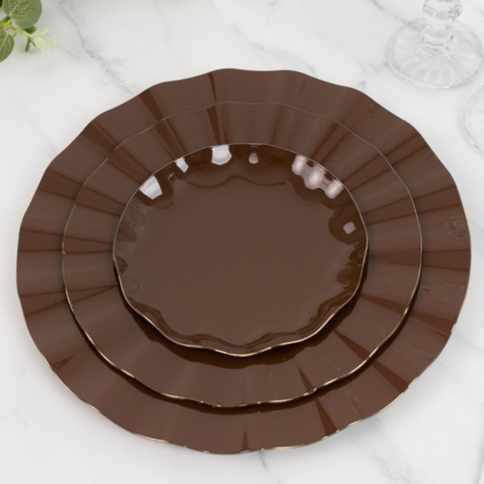 10-Pack Plastic Round 6" Dessert Plates in Cinnamon Brown Ruffled Rim with Gold Edging - Sturdy Disposable Salad Appetizer Dinnerware