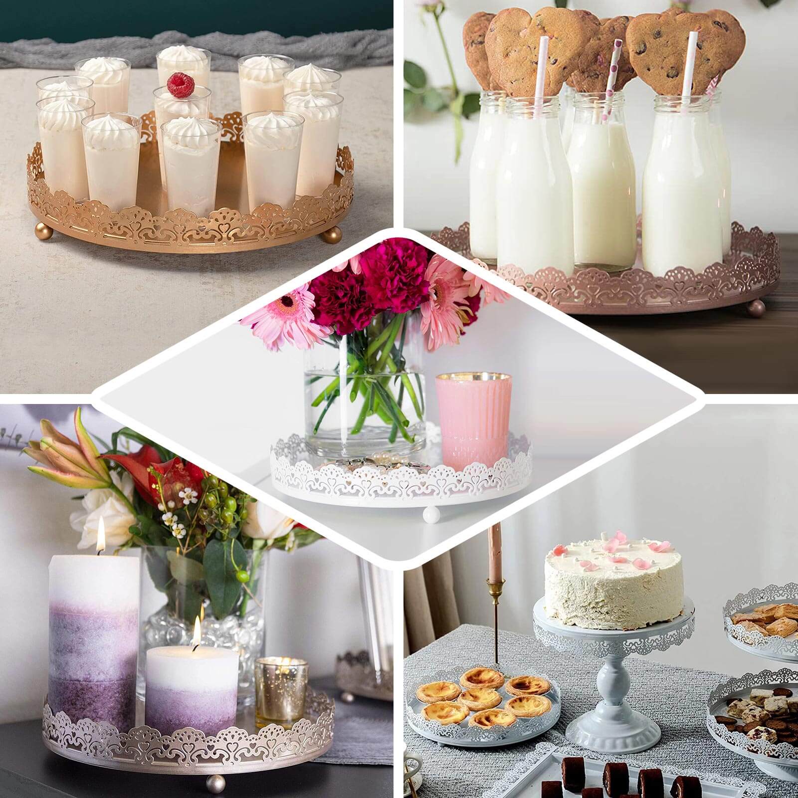 Metal Round Serving Tray 12" in Silver with Embellished Rims, Stylish Decorative Vanity Tray Centerpiece