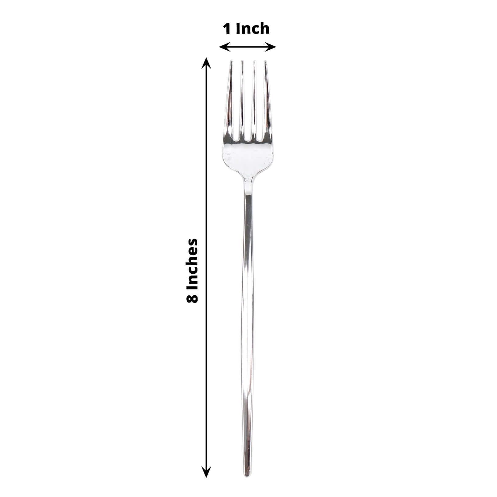 24 Pack 8" Glossy Silver Heavy Duty Plastic Silverware Forks, Shiny Cutlery, Premium Disposable Flatware
