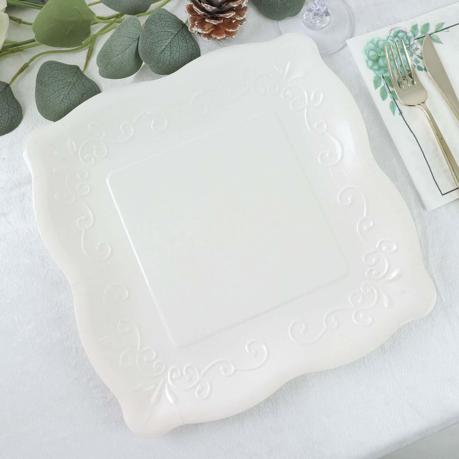 25-Pack Paper 11" Square Dinner Plates in White with Vintage Pottery Embossed Design - Shiny Disposable Serving Plates