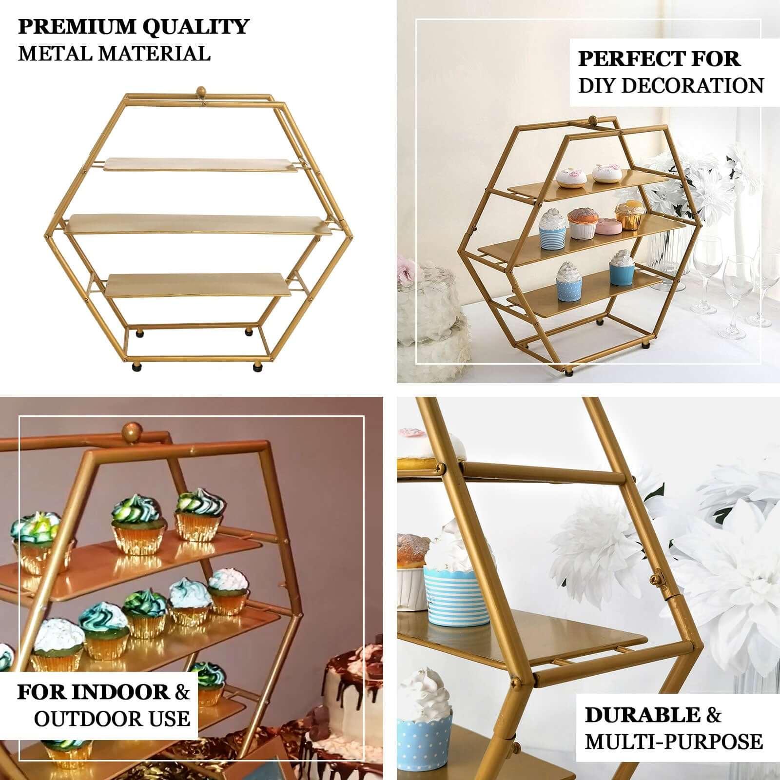 3-Tier Metal Hexagon Cupcake Stand Matte Gold - Stylish Geometric Dessert Holder Appetizer Display for Modern Weddings Dessert Buffets & Celebrations 21"
